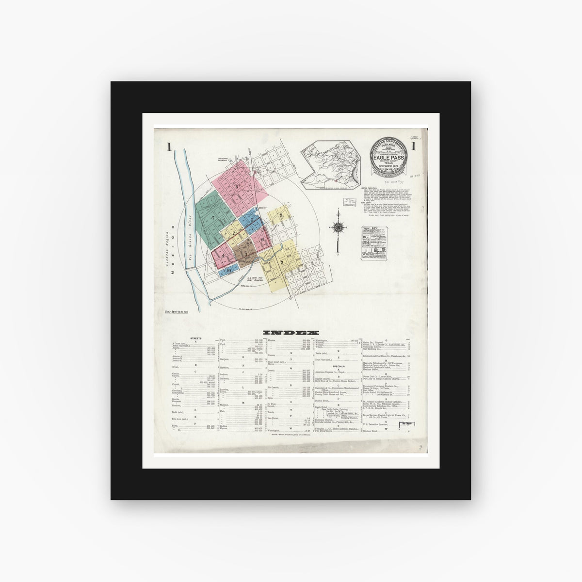 Old map wall art mockup — black gallery frame with white mat — Sanborn Fire Insurance Map from Eagle Pass, Maverick County, Texas (1924) - Complete Map Set