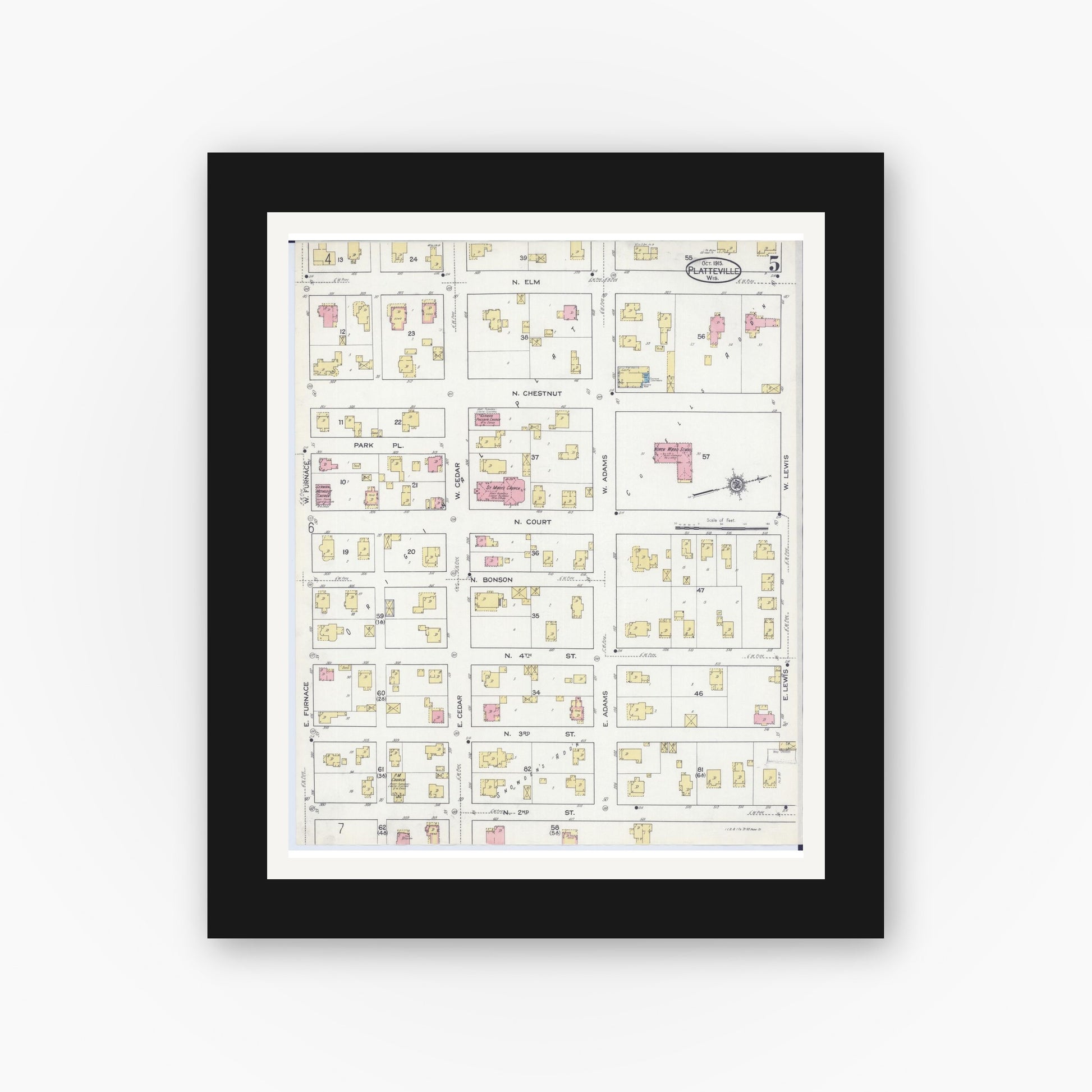 Old map wall art mockup — black gallery frame with white mat — Sanborn Fire Insurance Map from Platteville, Grant County, Wisconsin (1915), Sheet #0005