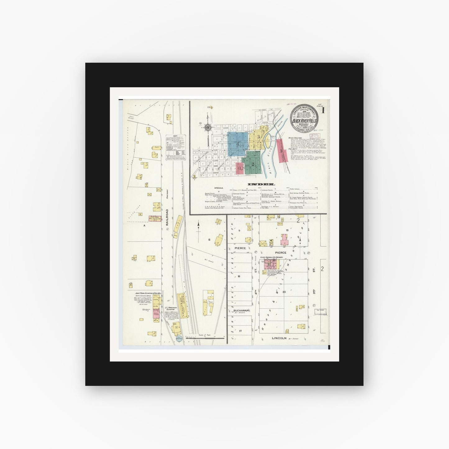 Old map wall art mockup — black gallery frame with white mat — Sanborn Fire Insurance Map from Black River Falls, Jackson County, Wisconsin (1909) - Complete Map Set