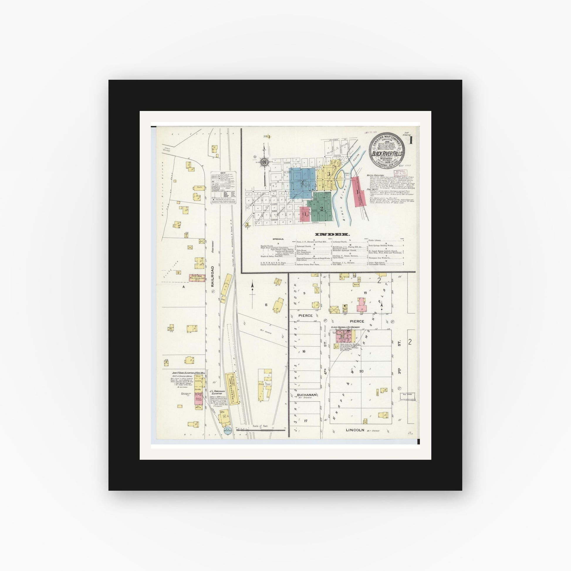 Old map wall art mockup — black gallery frame with white mat — Sanborn Fire Insurance Map from Black River Falls, Jackson County, Wisconsin (1909) - Complete Map Set