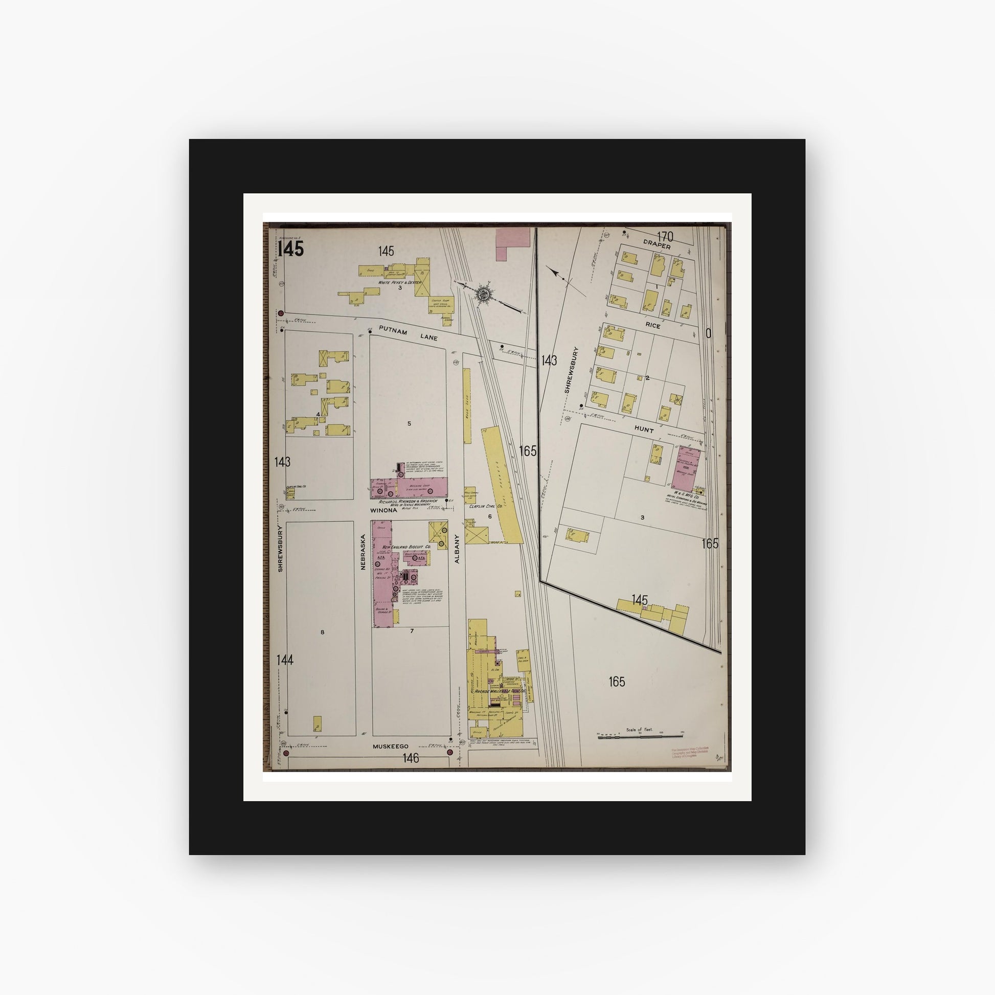 Old map wall art mockup — black gallery frame with white mat — Sanborn Fire Insurance Map from Worcester, Worcester County, Massachusetts (1910), Sheet #0145