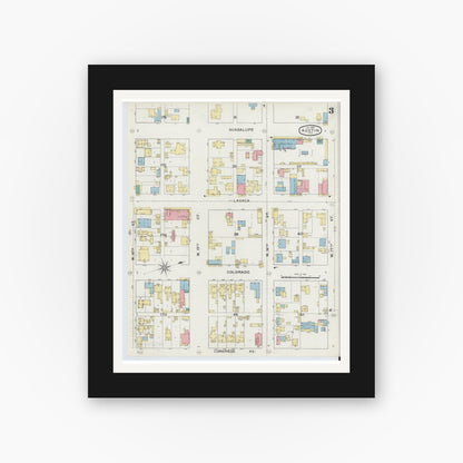 Old map wall art mockup — black gallery frame with white mat — Sanborn Fire Insurance Map from Austin, Travis County, Texas (1894), Sheet #0003