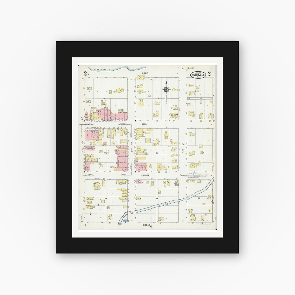 Old map wall art mockup — black gallery frame with white mat — Sanborn Fire Insurance Map from Waterville, Le Sueur County, Minnesota (1924), Sheet #0002