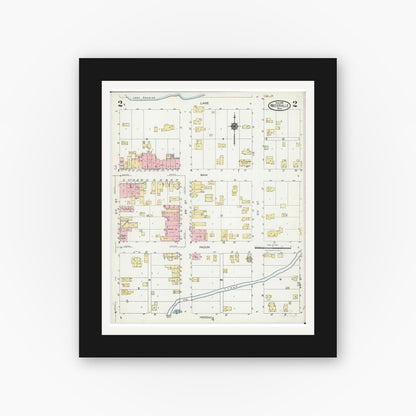 Old map wall art mockup — black gallery frame with white mat — Sanborn Fire Insurance Map from Waterville, Le Sueur County, Minnesota (1924), Sheet #0002
