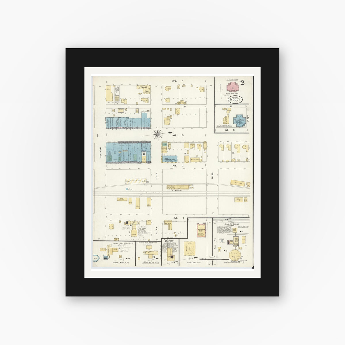 Old map wall art mockup — black gallery frame with white mat — Sanborn Fire Insurance Map from Moody, McLennan County, Texas (1907), Sheet #0002