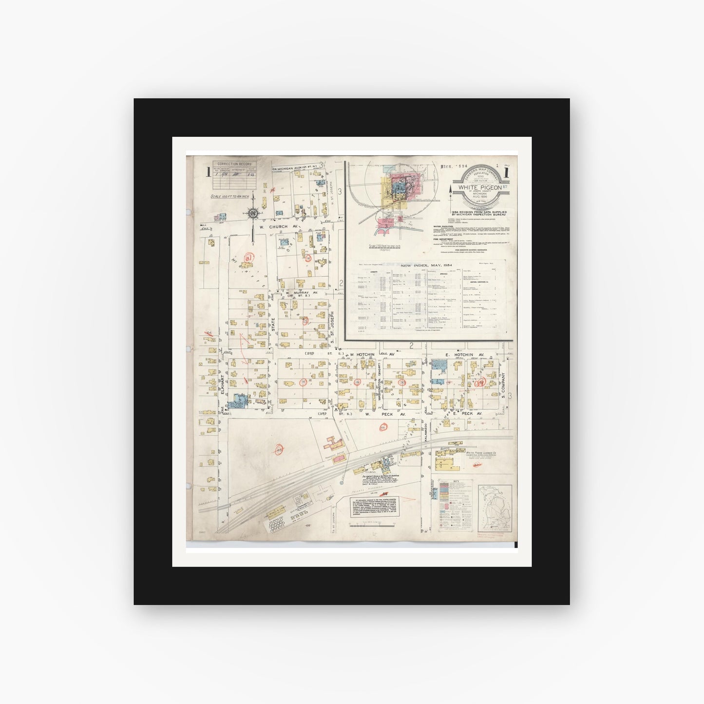 Old map wall art mockup — black gallery frame with white mat — Sanborn Fire Insurance Map from White Pigeon, Saint Joseph County, Michigan (1954) - Complete Map Set