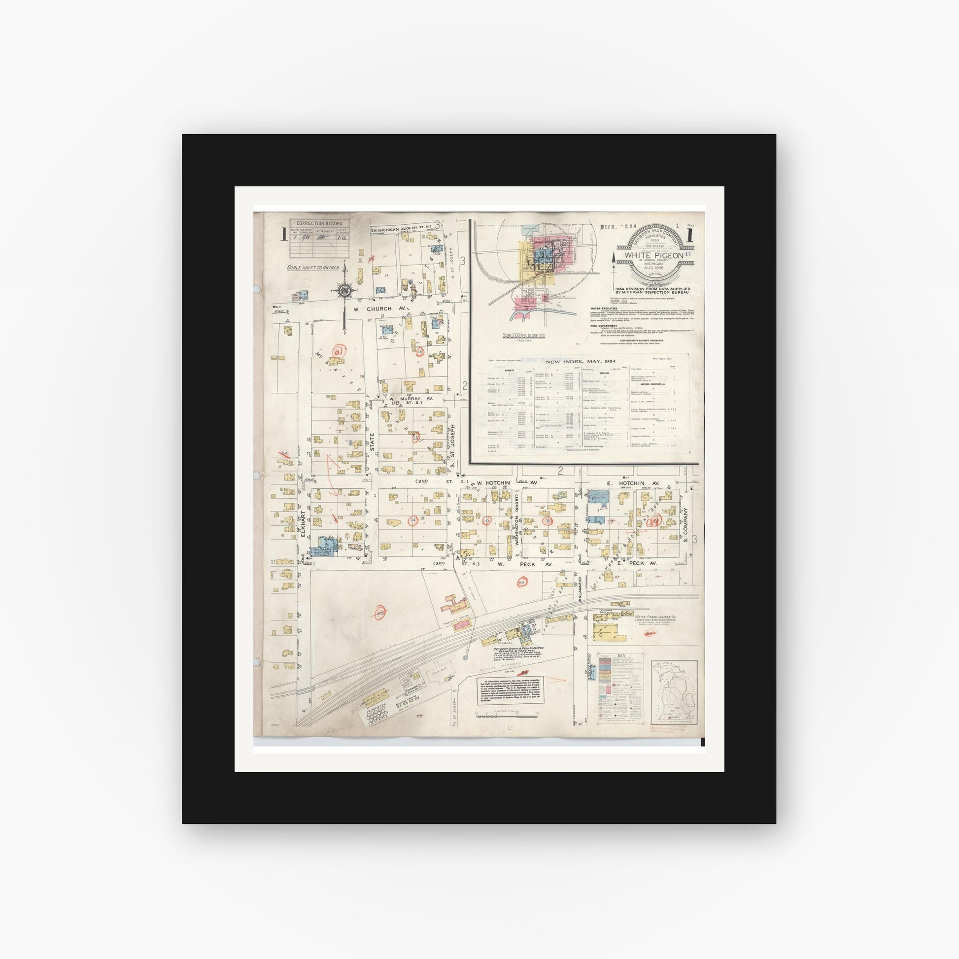Old map wall art mockup — black gallery frame with white mat — Sanborn Fire Insurance Map from White Pigeon, Saint Joseph County, Michigan (1954) - Complete Map Set