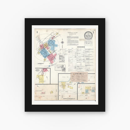 Old map wall art mockup — black gallery frame with white mat — Sanborn Fire Insurance Map from Walpole, Norfolk County, Massachusetts (1944), Sheet #0001