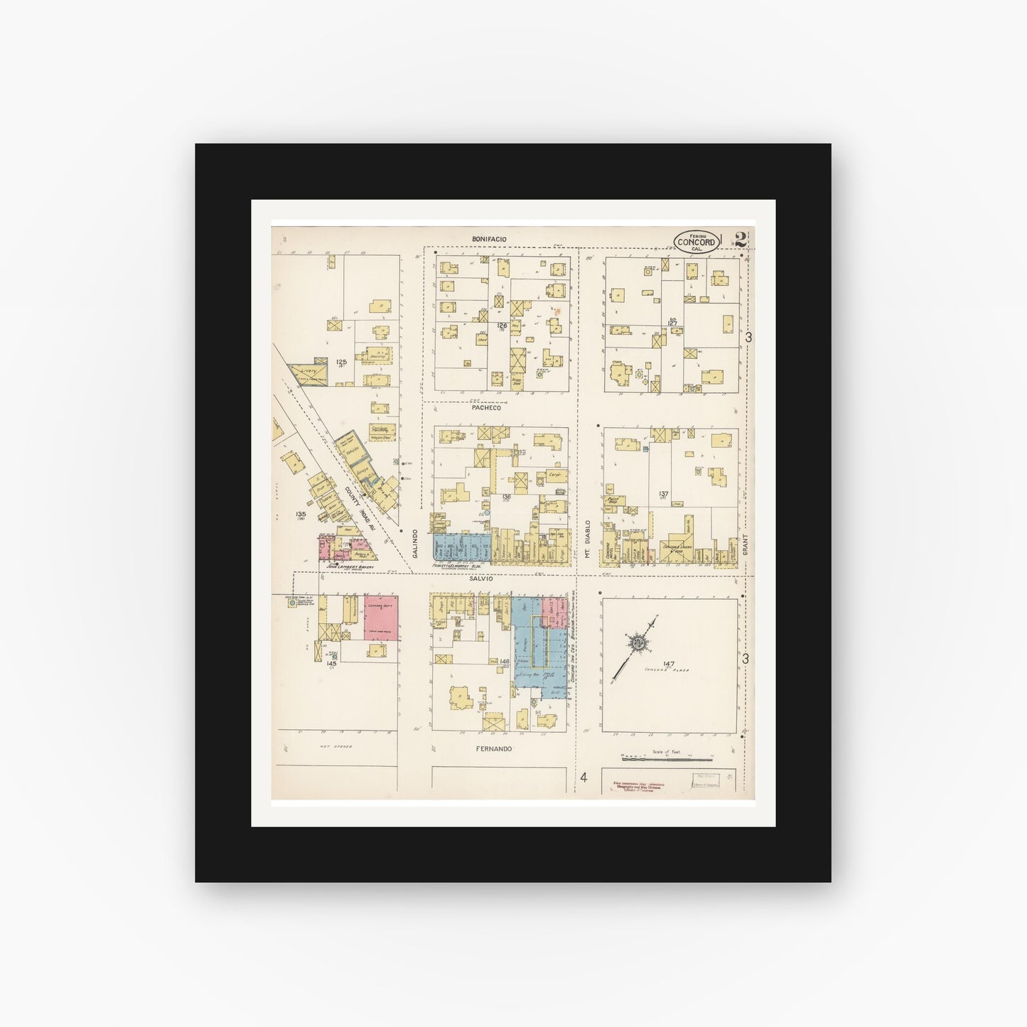 Old map wall art mockup — black gallery frame with white mat — Sanborn Fire Insurance Map from Concord, Contra Costa County, California (1912), Sheet #0002