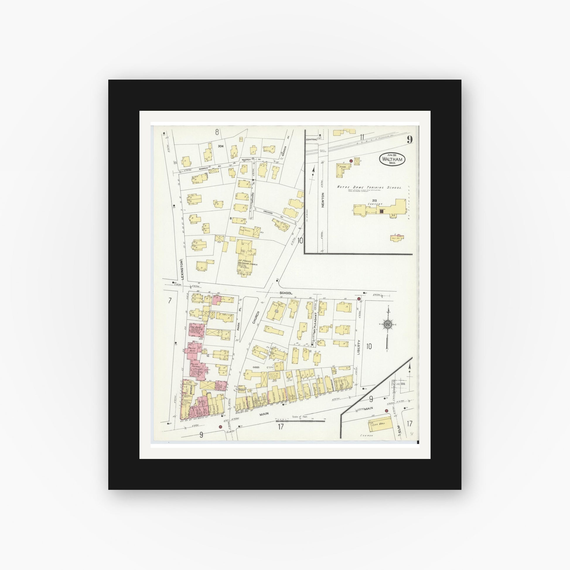 Old map wall art mockup — black gallery frame with white mat — Sanborn Fire Insurance Map from Waltham, Middlesex County, Massachusetts (1911), Sheet #0009