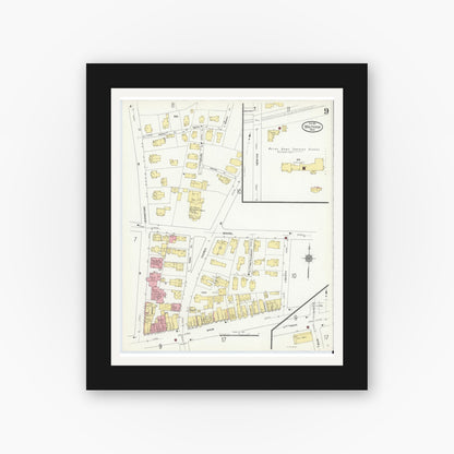 Old map wall art mockup — black gallery frame with white mat — Sanborn Fire Insurance Map from Waltham, Middlesex County, Massachusetts (1911), Sheet #0009