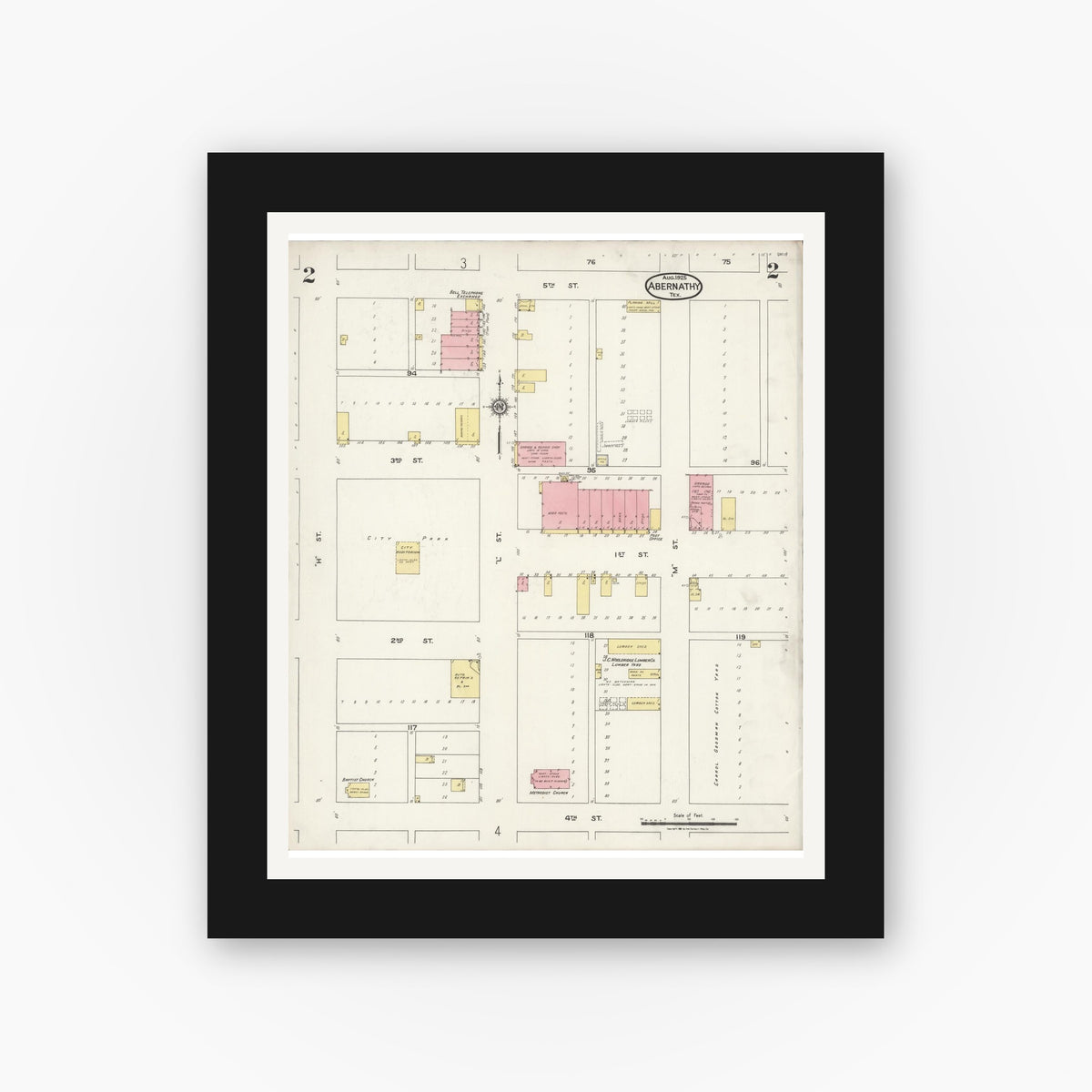 Old map wall art mockup — black gallery frame with white mat — Sanborn Fire Insurance Map from Abernathy, Hale County, Texas (1925), Sheet #0002