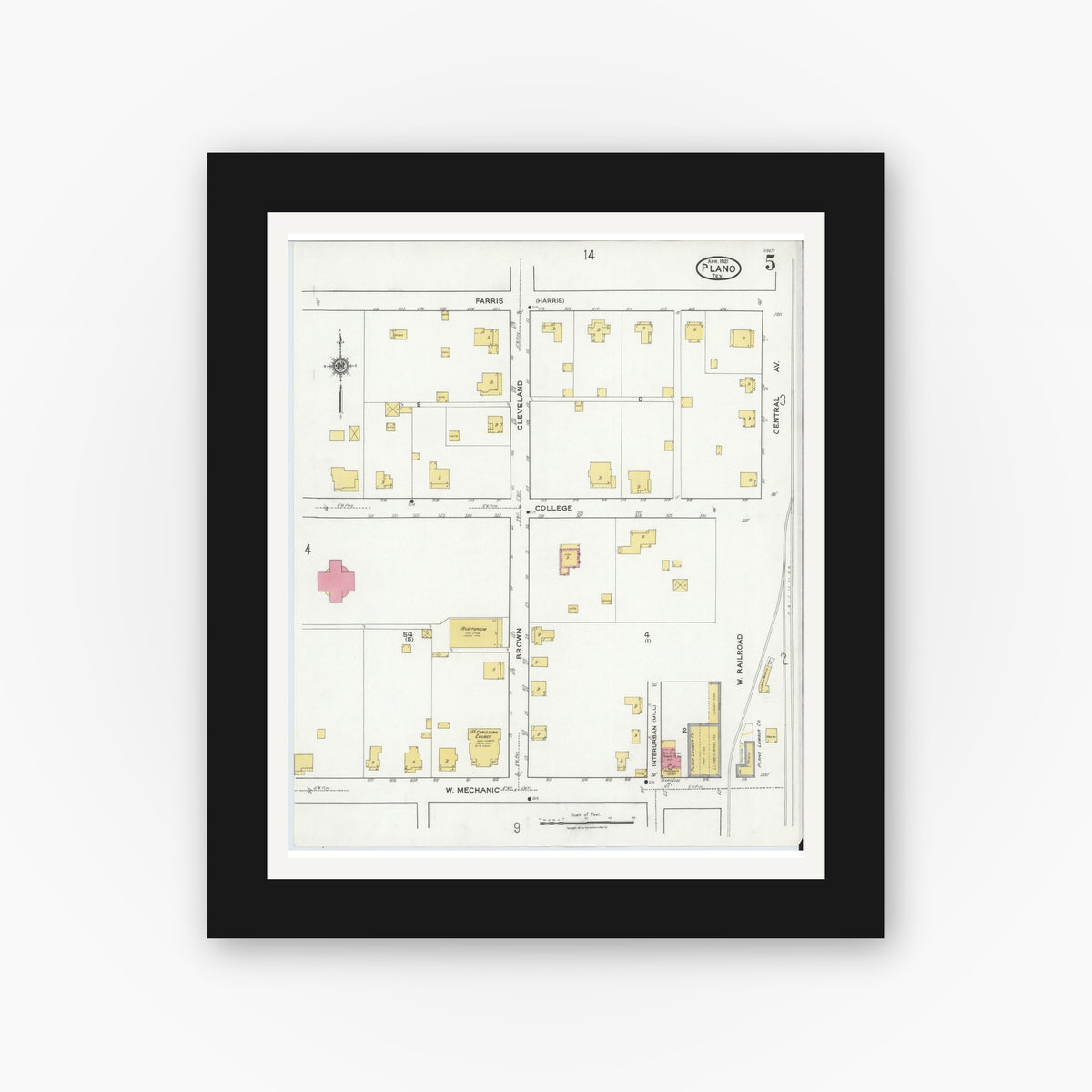 Old map wall art mockup — black gallery frame with white mat — Sanborn Fire Insurance Map from Plano, Collin County, Texas (1921), Sheet #0005