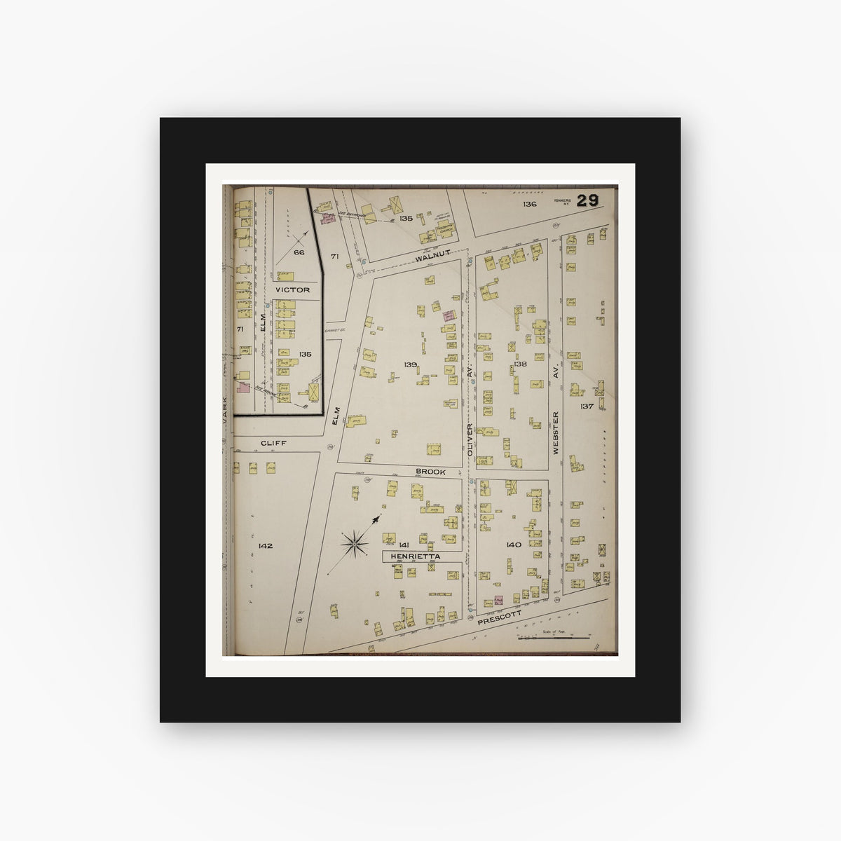 Old map wall art mockup — black gallery frame with white mat — Sanborn Fire Insurance Map from Yonkers, Westchester County, New York (1886), Sheet #0029