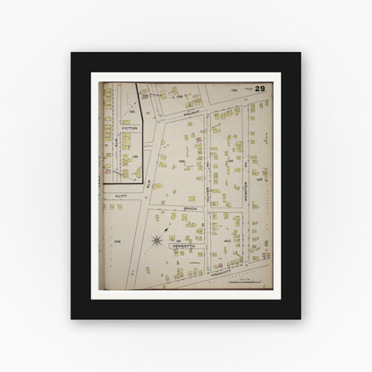 Old map wall art mockup — black gallery frame with white mat — Sanborn Fire Insurance Map from Yonkers, Westchester County, New York (1886), Sheet #0029