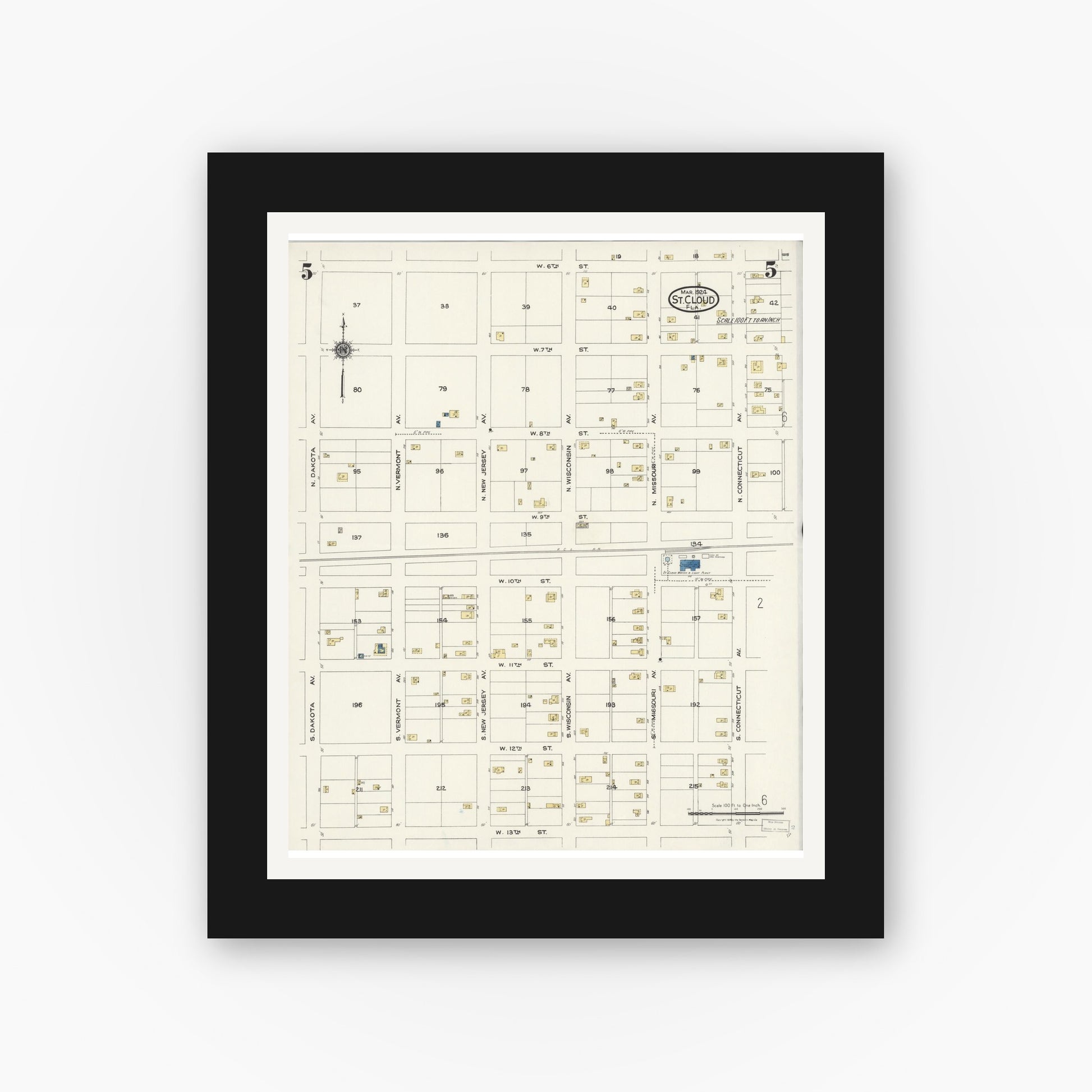 Old map wall art mockup — black gallery frame with white mat — Sanborn Fire Insurance Map from Saint Cloud, Osceola County, Florida (1924), Sheet #0005