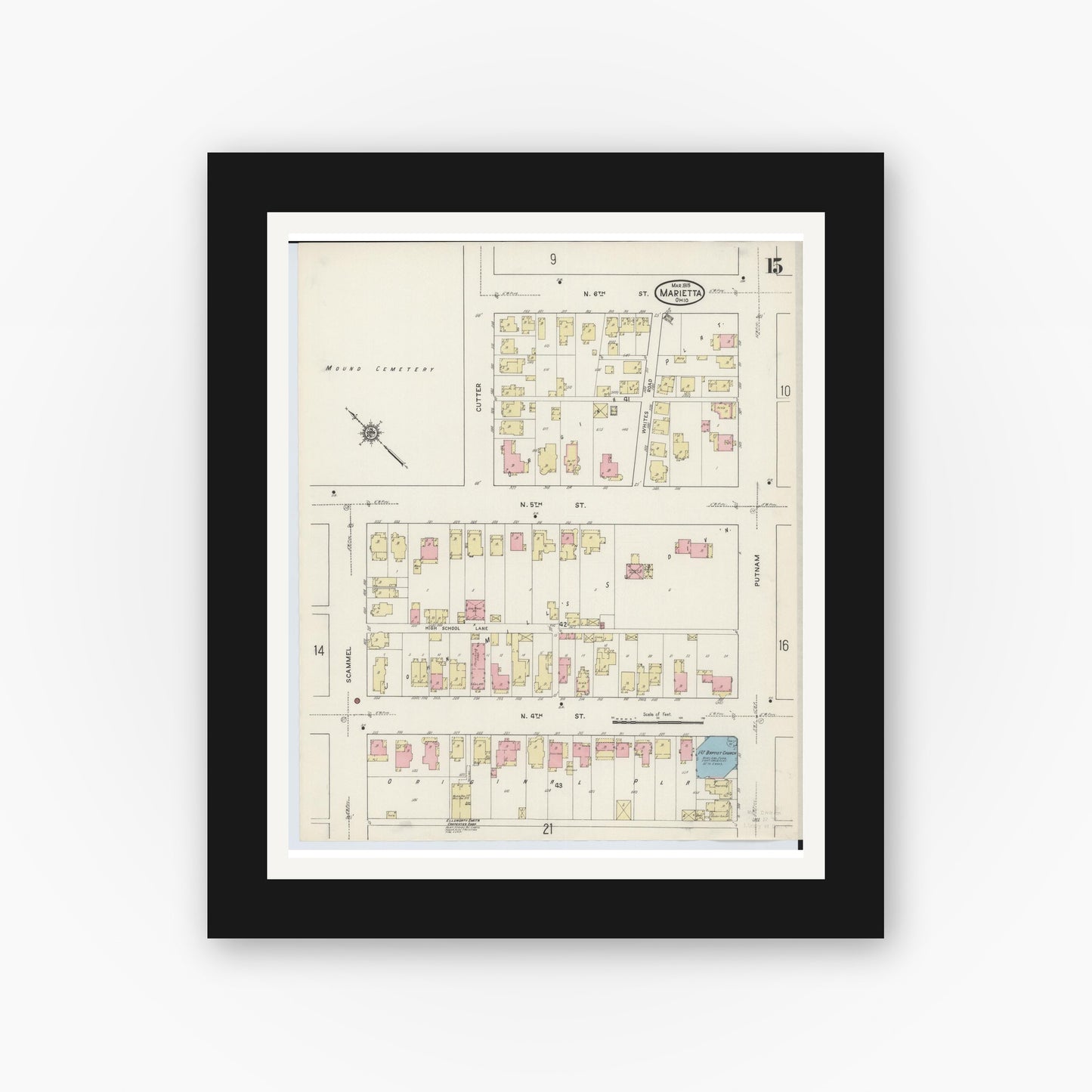 Old map wall art mockup — black gallery frame with white mat — Sanborn Fire Insurance Map from Marietta, Washington County, Ohio (1915), Sheet #0015