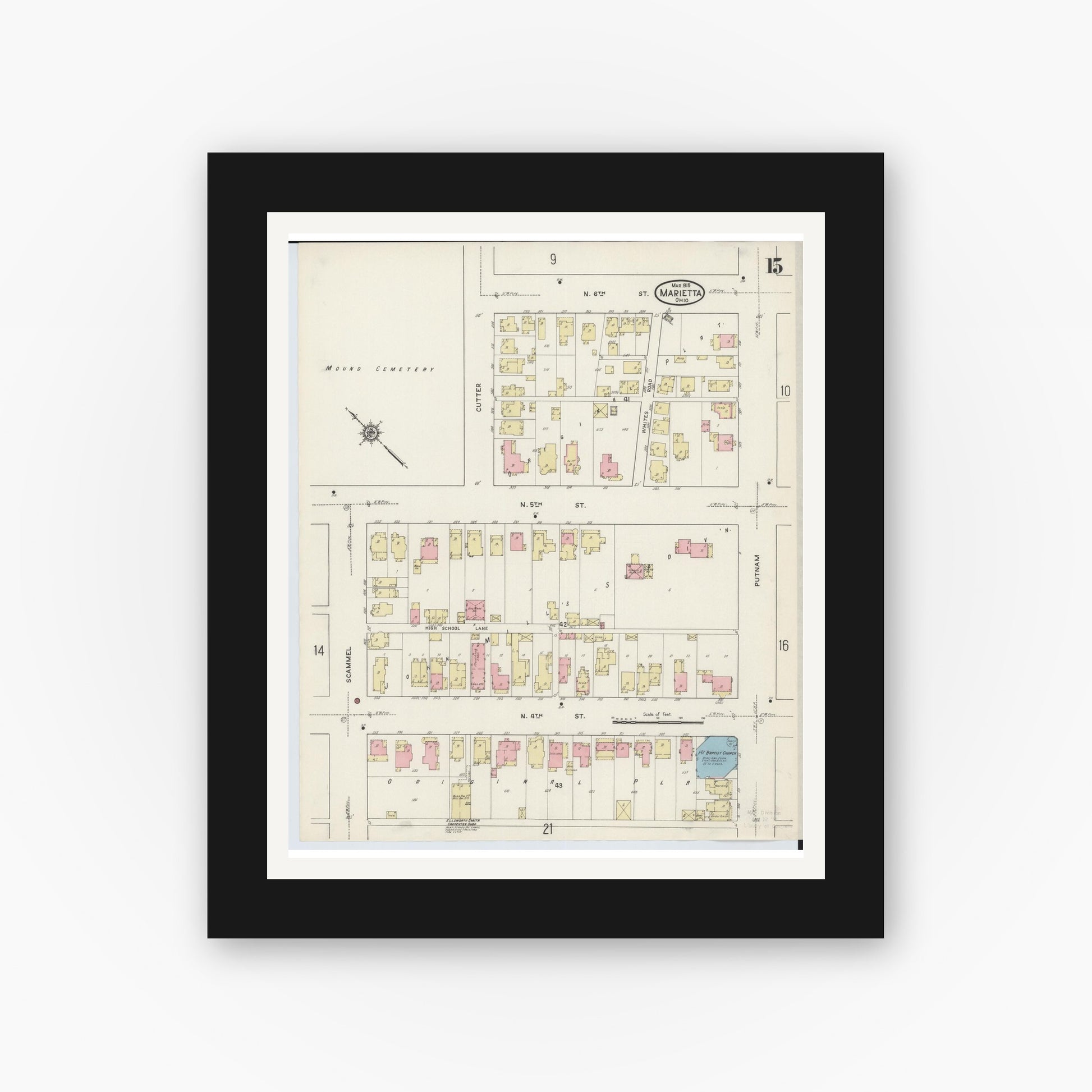 Old map wall art mockup — black gallery frame with white mat — Sanborn Fire Insurance Map from Marietta, Washington County, Ohio (1915), Sheet #0015