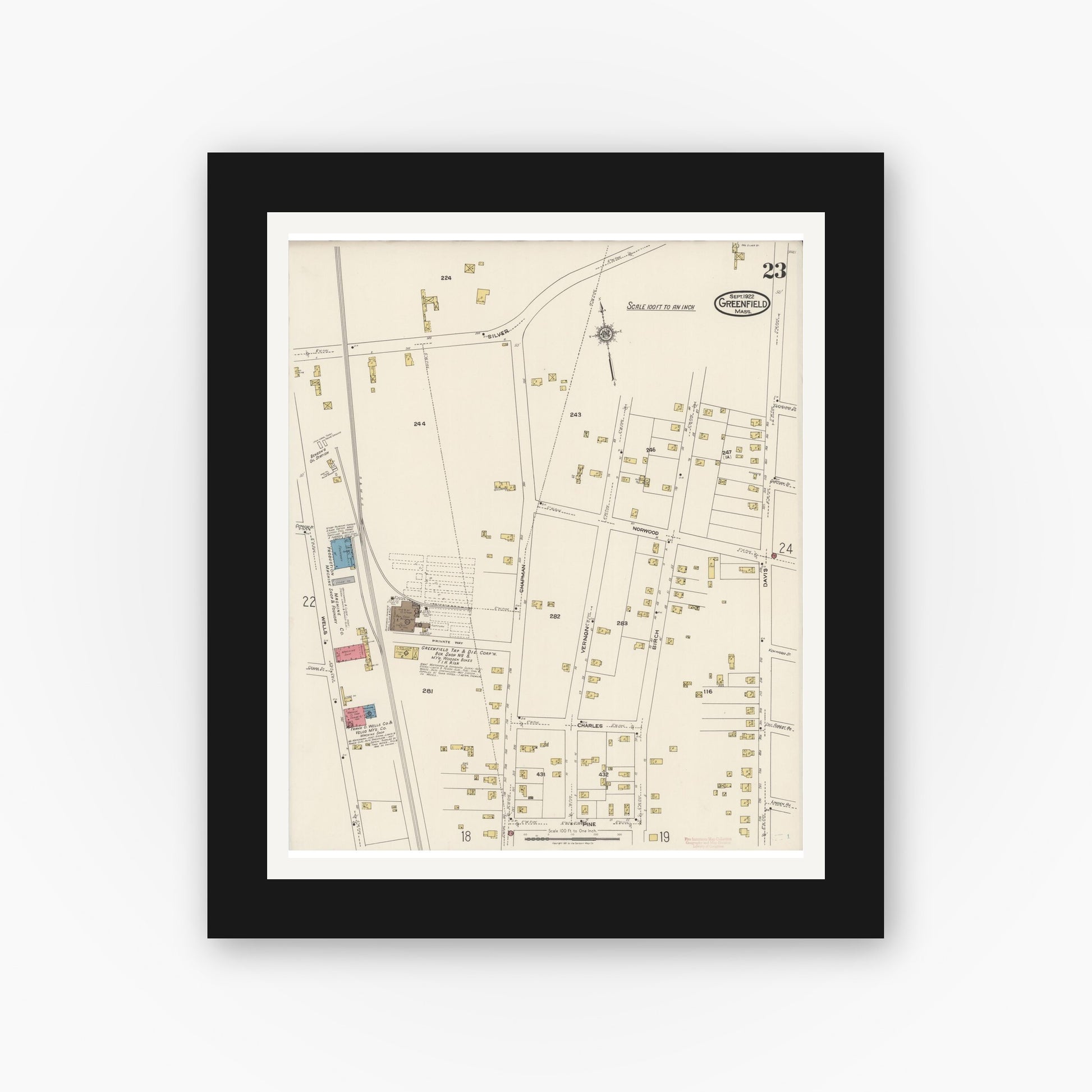 Old map wall art mockup — black gallery frame with white mat — Sanborn Fire Insurance Map from Greenfield, Franklin County, Massachusetts (1922), Sheet #0023