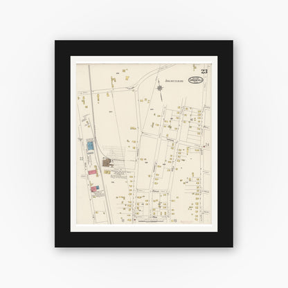 Old map wall art mockup — black gallery frame with white mat — Sanborn Fire Insurance Map from Greenfield, Franklin County, Massachusetts (1922), Sheet #0023