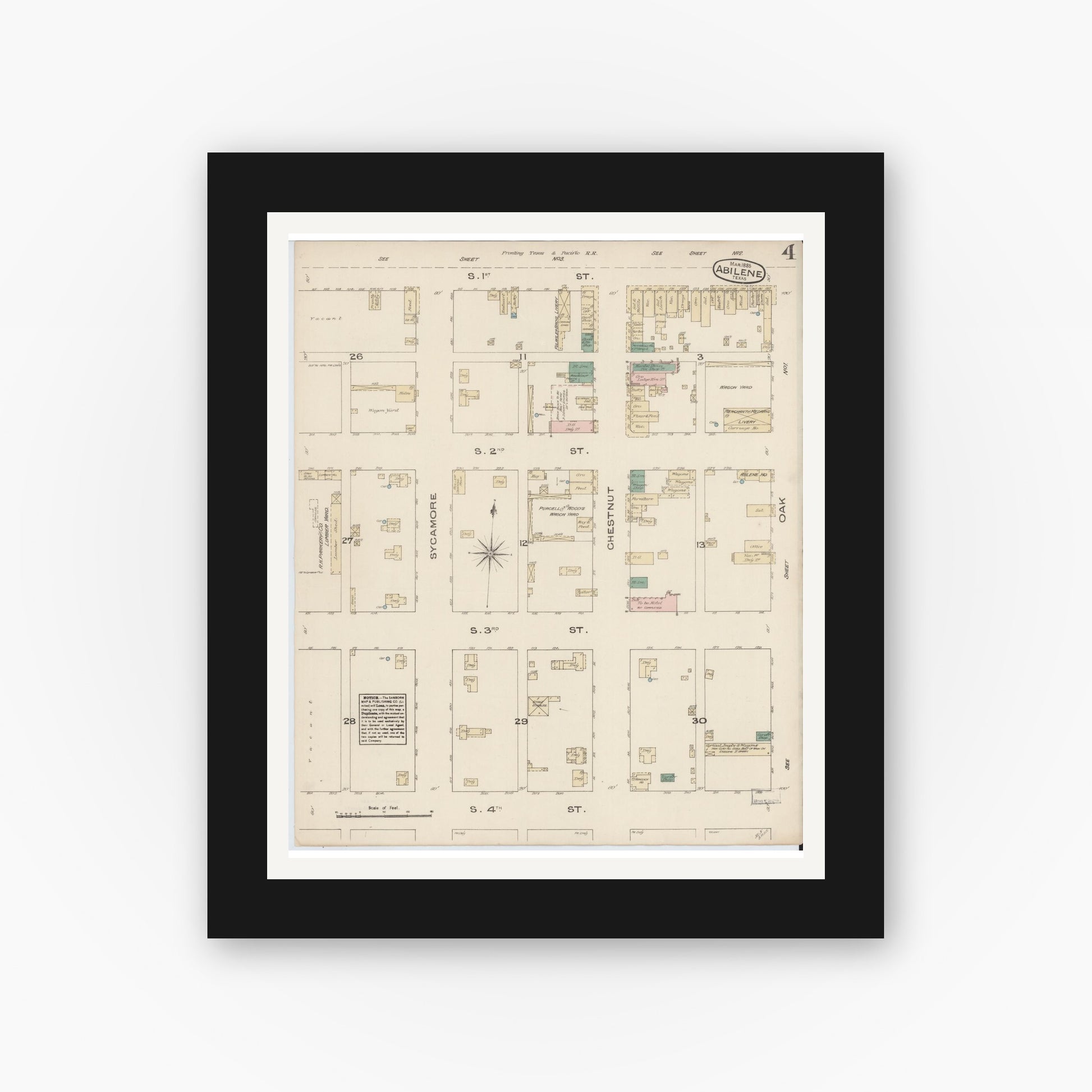 Old map wall art mockup — black gallery frame with white mat — Sanborn Fire Insurance Map from Abilene, Taylor County, Texas (1885), Sheet #0004