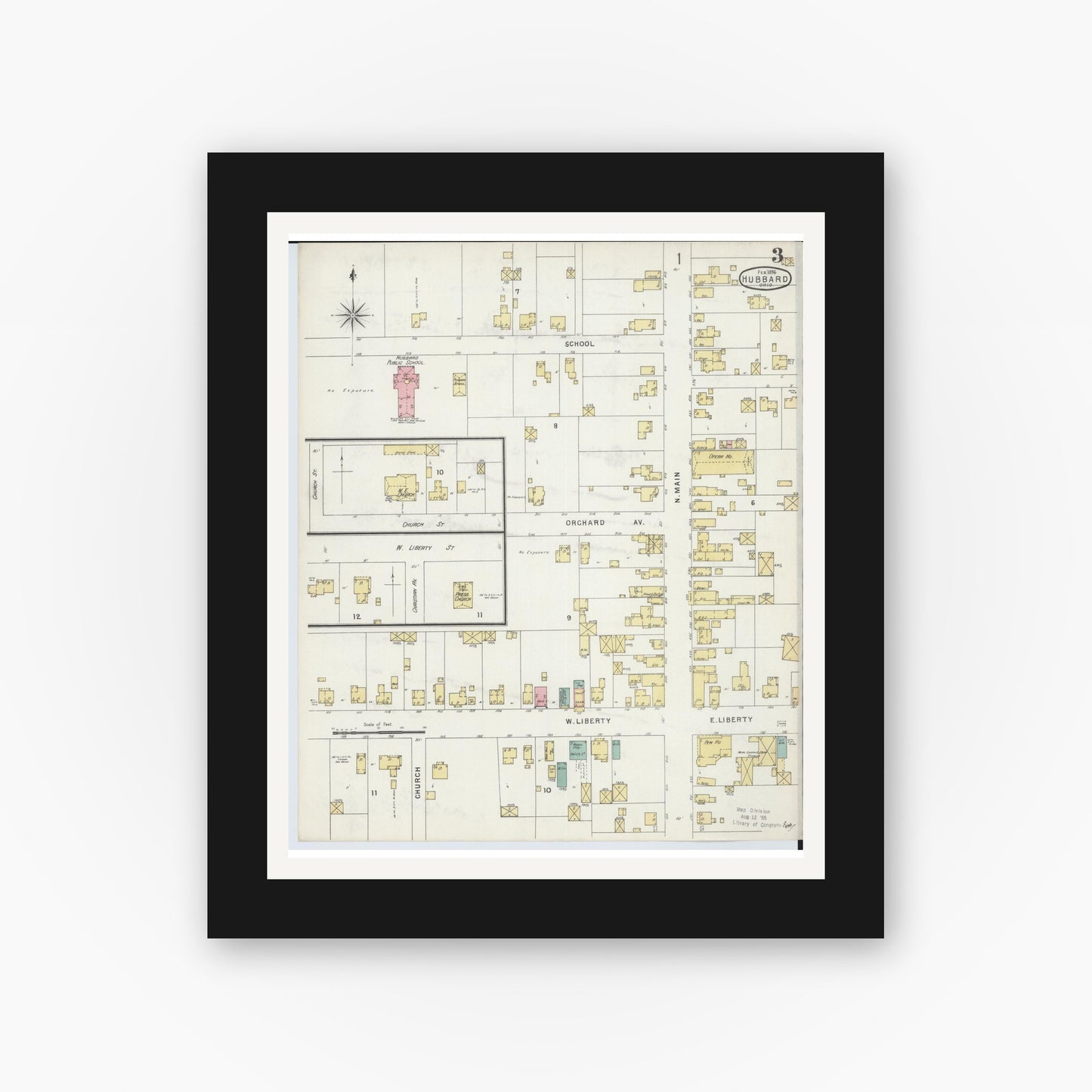 Old map wall art mockup — black gallery frame with white mat — Sanborn Fire Insurance Map from Hubbard, Trumbull County, Ohio (1896), Sheet #0003
