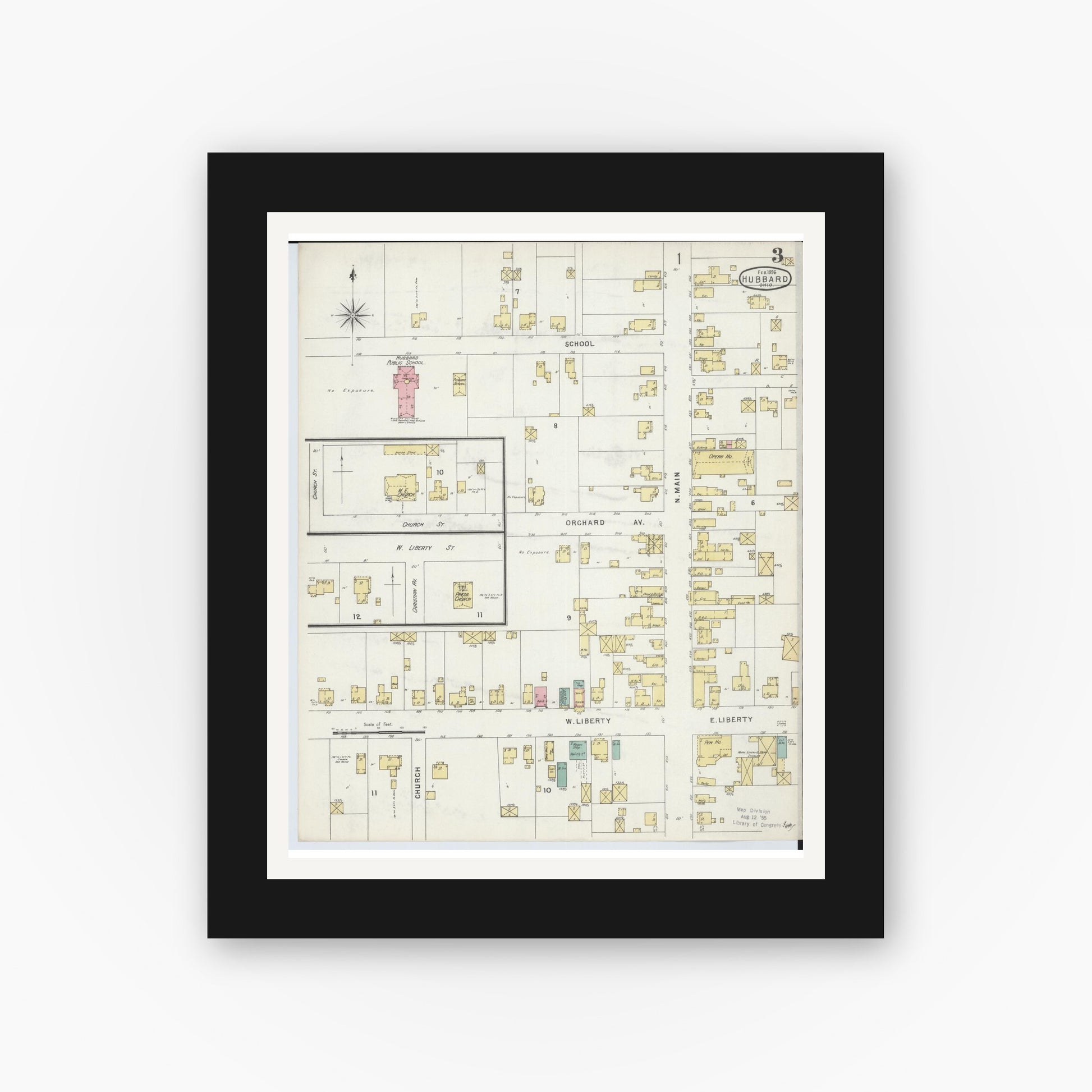 Old map wall art mockup — black gallery frame with white mat — Sanborn Fire Insurance Map from Hubbard, Trumbull County, Ohio (1896), Sheet #0003