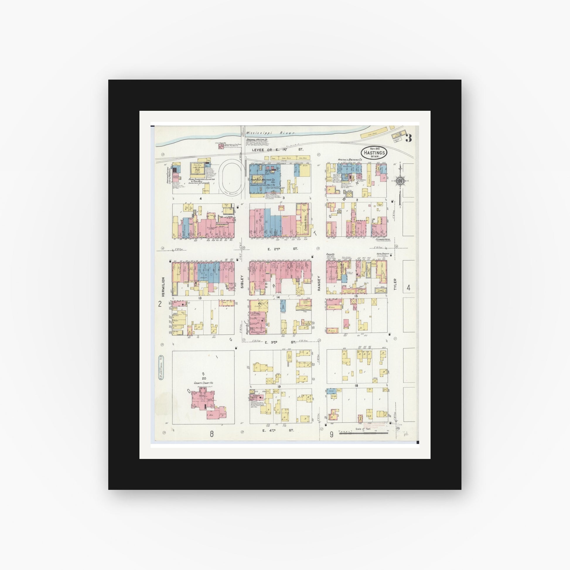 Old map wall art mockup — black gallery frame with white mat — Sanborn Fire Insurance Map from Hastings, Dakota County, Minnesota (1910), Sheet #0003