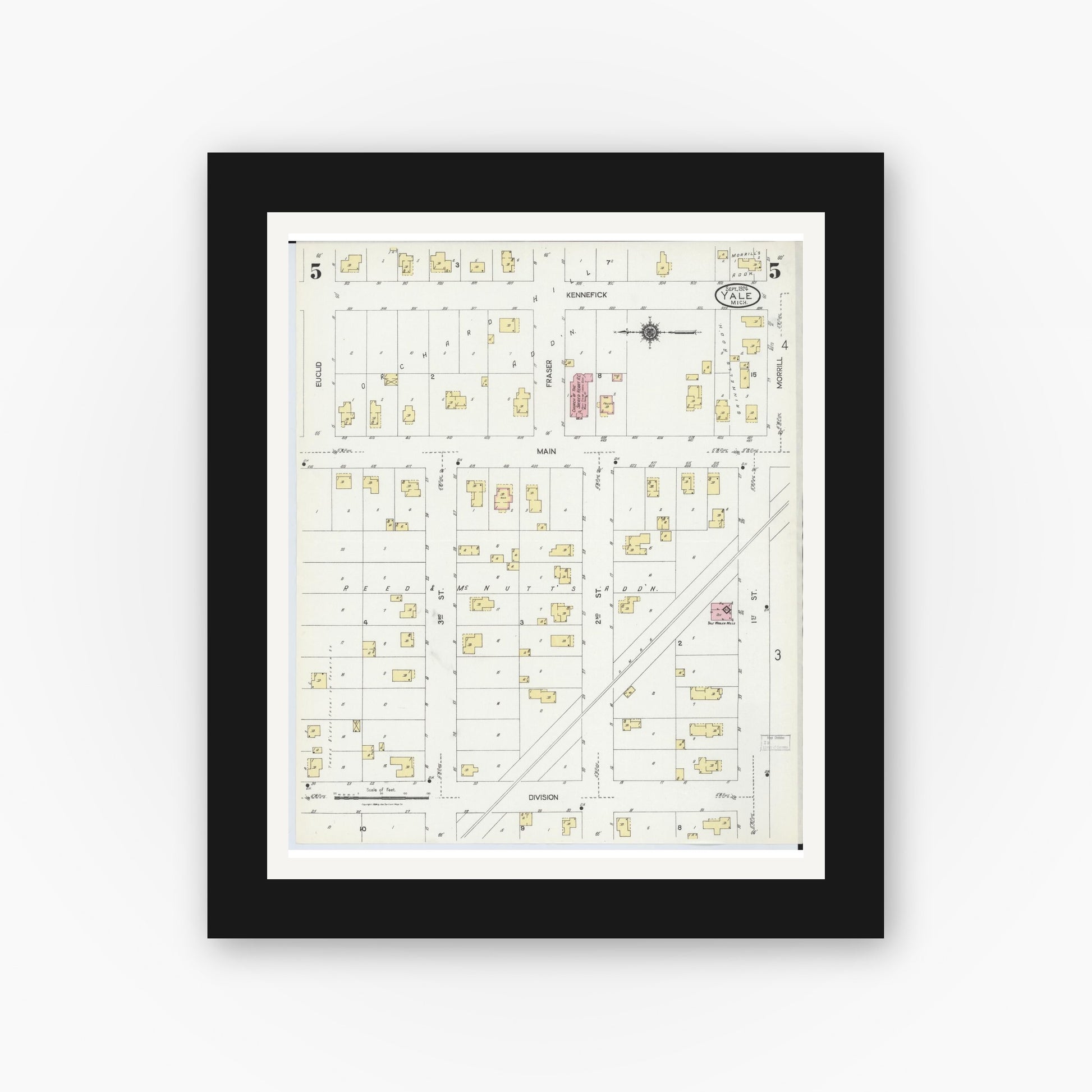 Old map wall art mockup — black gallery frame with white mat — Sanborn Fire Insurance Map from Yale, Saint Clair County, Michigan (1924), Sheet #0005