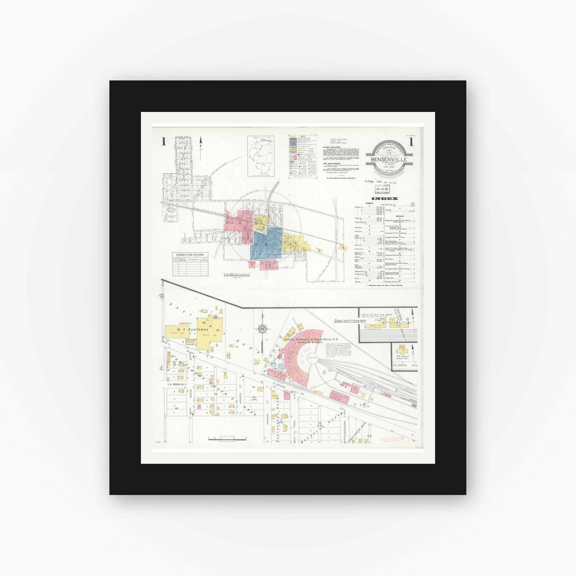 Old map wall art mockup — black gallery frame with white mat — Sanborn Fire Insurance Map from Bensenville, Dupage County, Illinois (1933), Sheet #0001