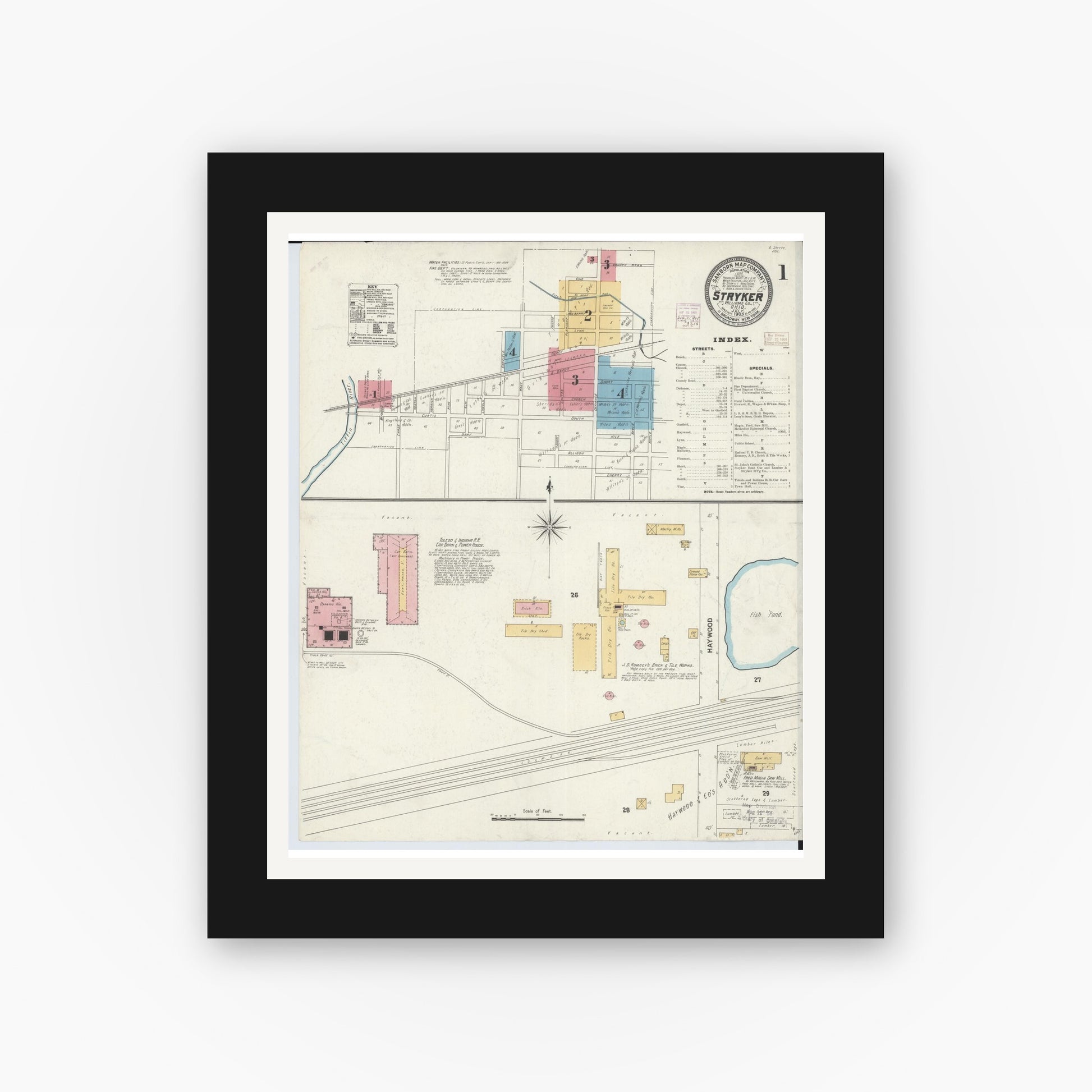 Old map wall art mockup — black gallery frame with white mat — Sanborn Fire Insurance Map from Stryker, Williams County, Ohio (1905), Sheet #0001