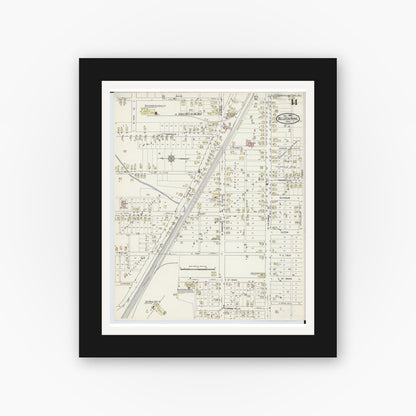 Old map wall art mockup — black gallery frame with white mat — Sanborn Fire Insurance Map from Bellefontaine, Logan County, Ohio (1914), Sheet #0014
