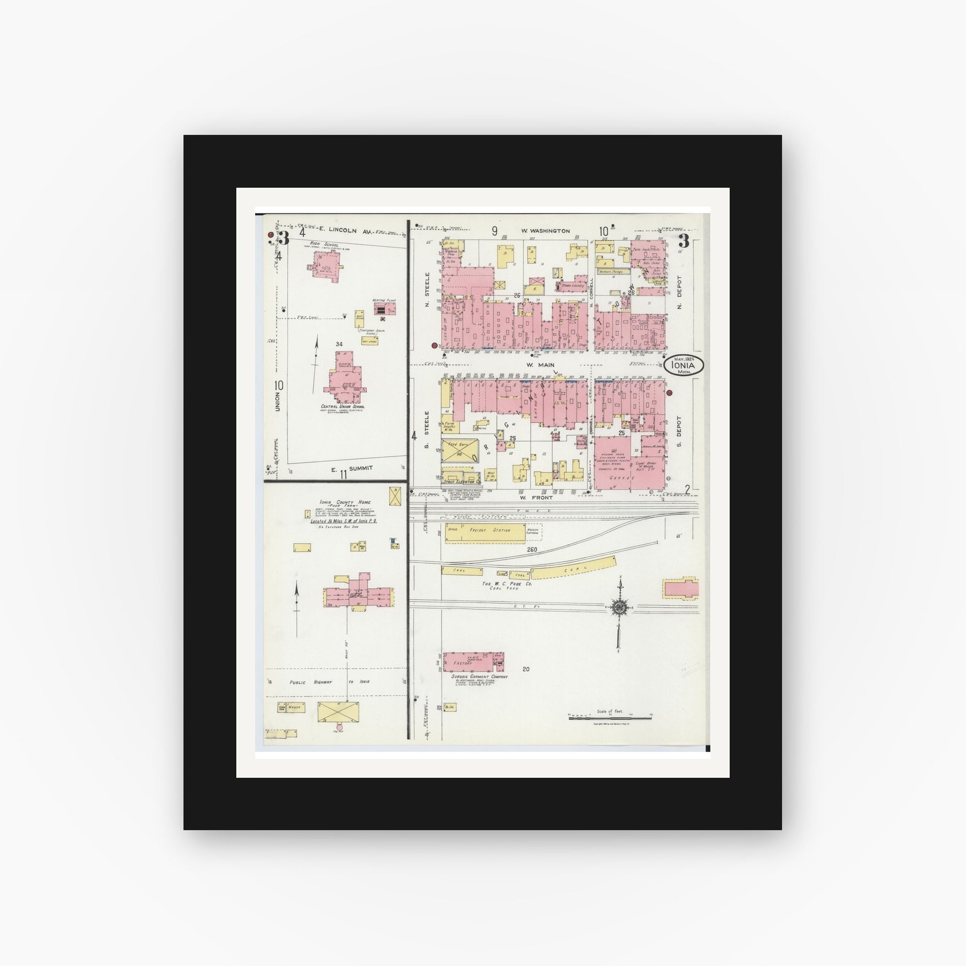 Old map wall art mockup — black gallery frame with white mat — Sanborn Fire Insurance Map from Ionia, Ionia County, Michigan (1924), Sheet #0003