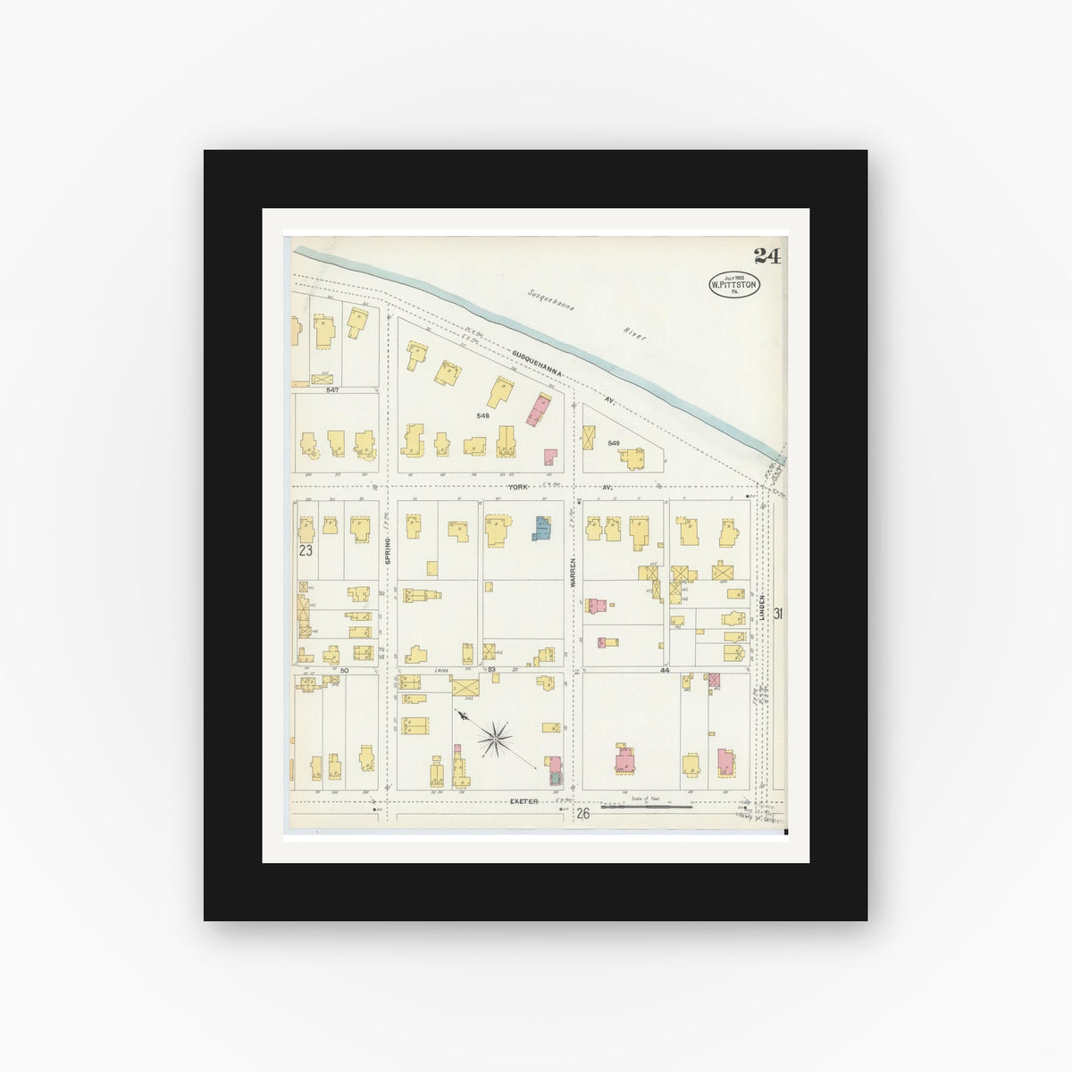 Old map wall art mockup — black gallery frame with white mat — Sanborn Fire Insurance Map from Pittston, Luzerne County, Pennsylvania (1903), Sheet #0024