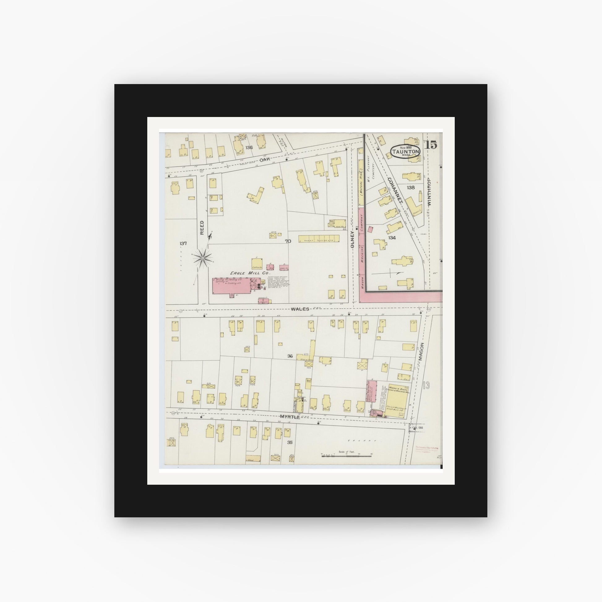 Old map wall art mockup — black gallery frame with white mat — Sanborn Fire Insurance Map from Taunton, Bristol County, Massachusetts (1893), Sheet #0015