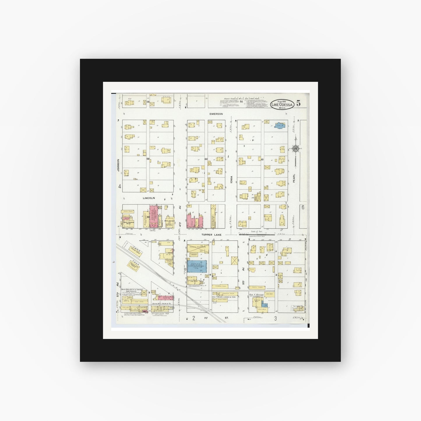 Old map wall art mockup — black gallery frame with white mat — Sanborn Fire Insurance Map from Lake Odessa, Ionia County, Michigan (1918), Sheet #0005