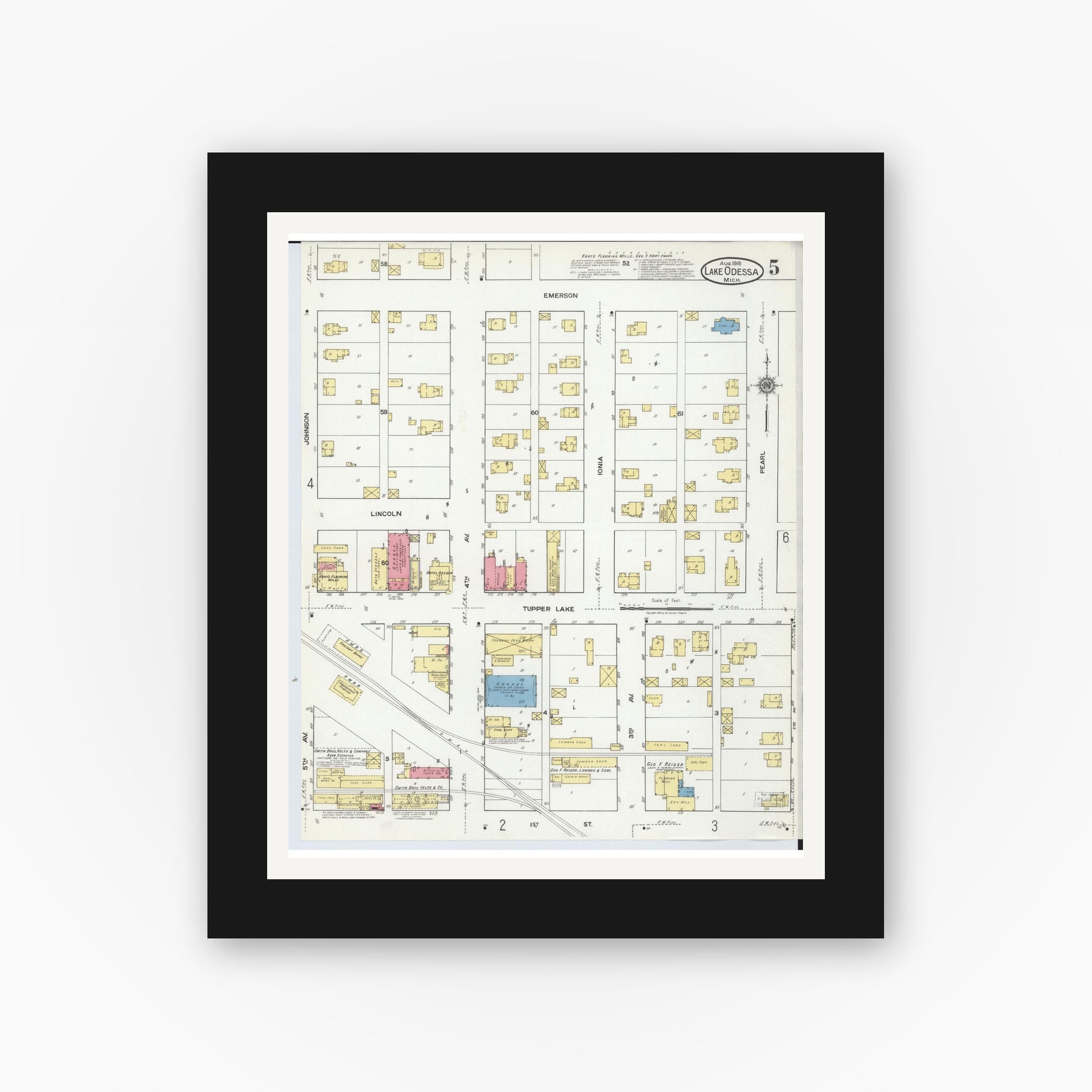 Old map wall art mockup — black gallery frame with white mat — Sanborn Fire Insurance Map from Lake Odessa, Ionia County, Michigan (1918), Sheet #0005
