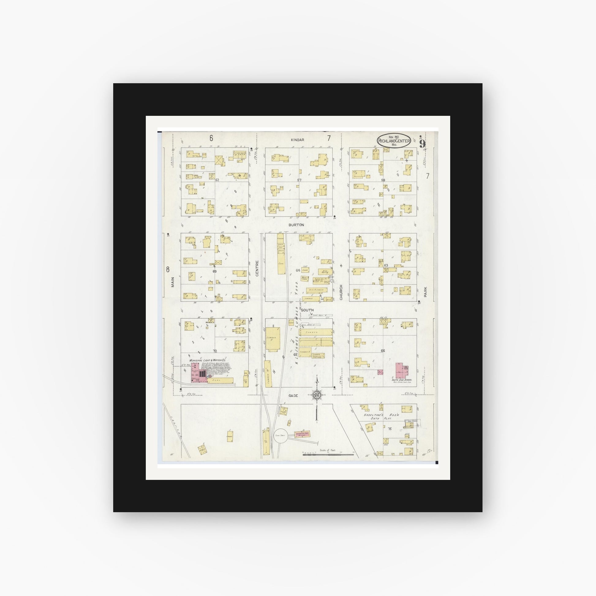 Old map wall art mockup — black gallery frame with white mat — Sanborn Fire Insurance Map from Richland Center, Richland County, Wisconsin (1912), Sheet #0009