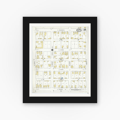 Old map wall art mockup — black gallery frame with white mat — Sanborn Fire Insurance Map from Bluffton, Wells County, Indiana (1919), Sheet #0010
