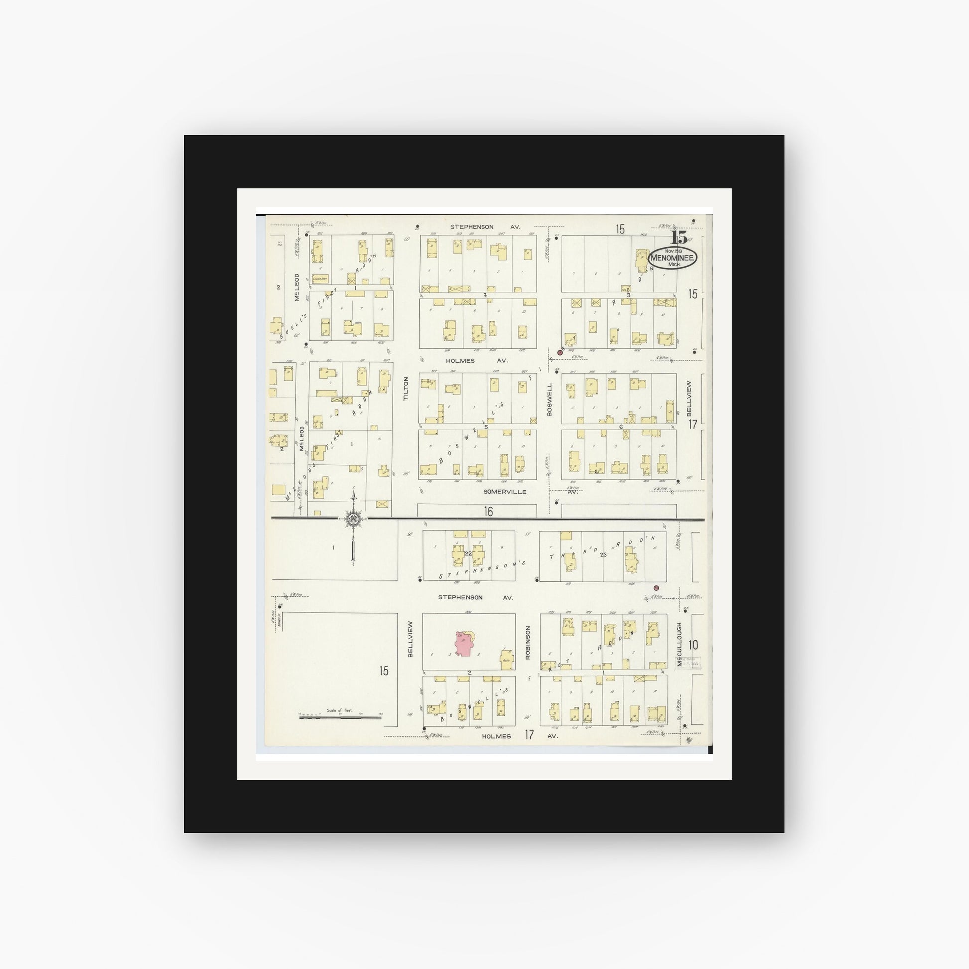 Old map wall art mockup — black gallery frame with white mat — Sanborn Fire Insurance Map from Menominee, Menominee County, Michigan (1913), Sheet #0015