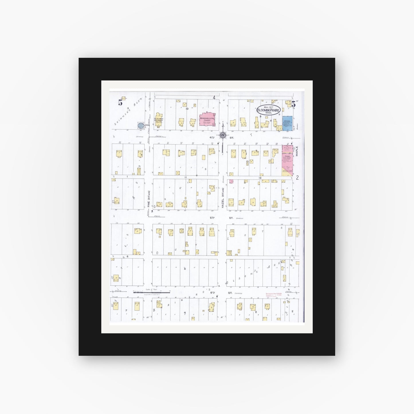 Old map wall art mockup — black gallery frame with white mat — Sanborn Fire Insurance Map from Blooming Prairie, Steele County, Minnesota (1927), Sheet #0005