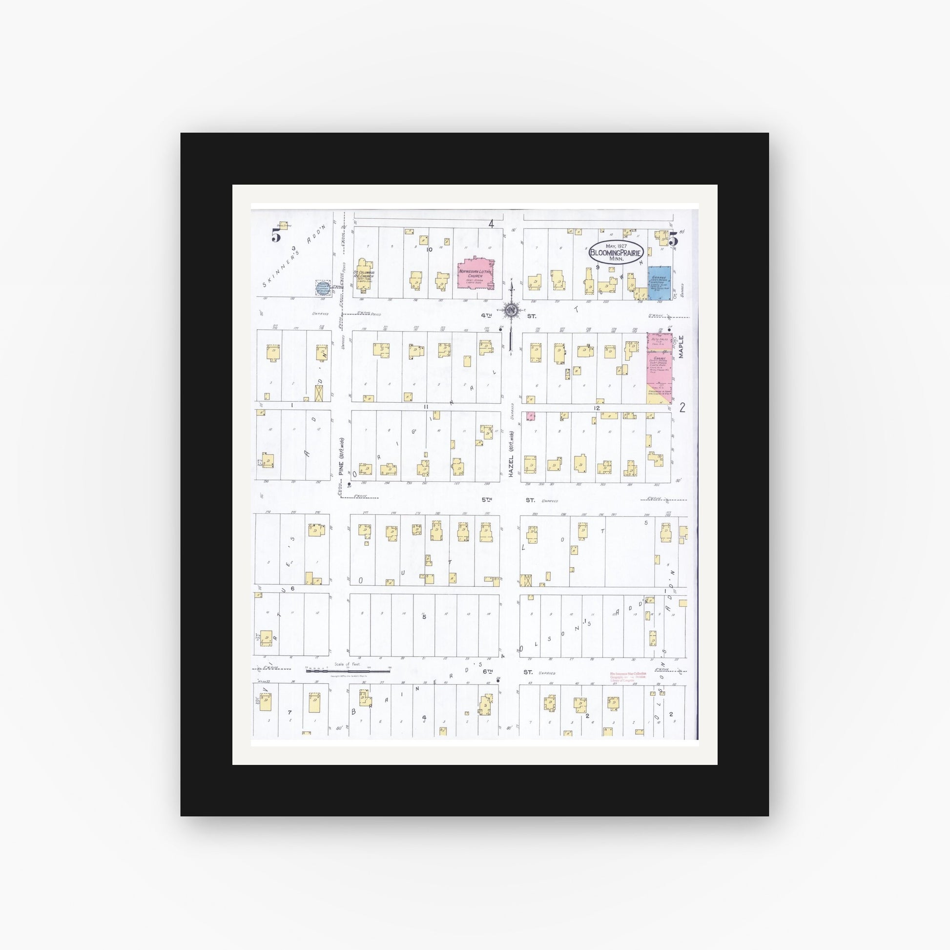 Old map wall art mockup — black gallery frame with white mat — Sanborn Fire Insurance Map from Blooming Prairie, Steele County, Minnesota (1927), Sheet #0005