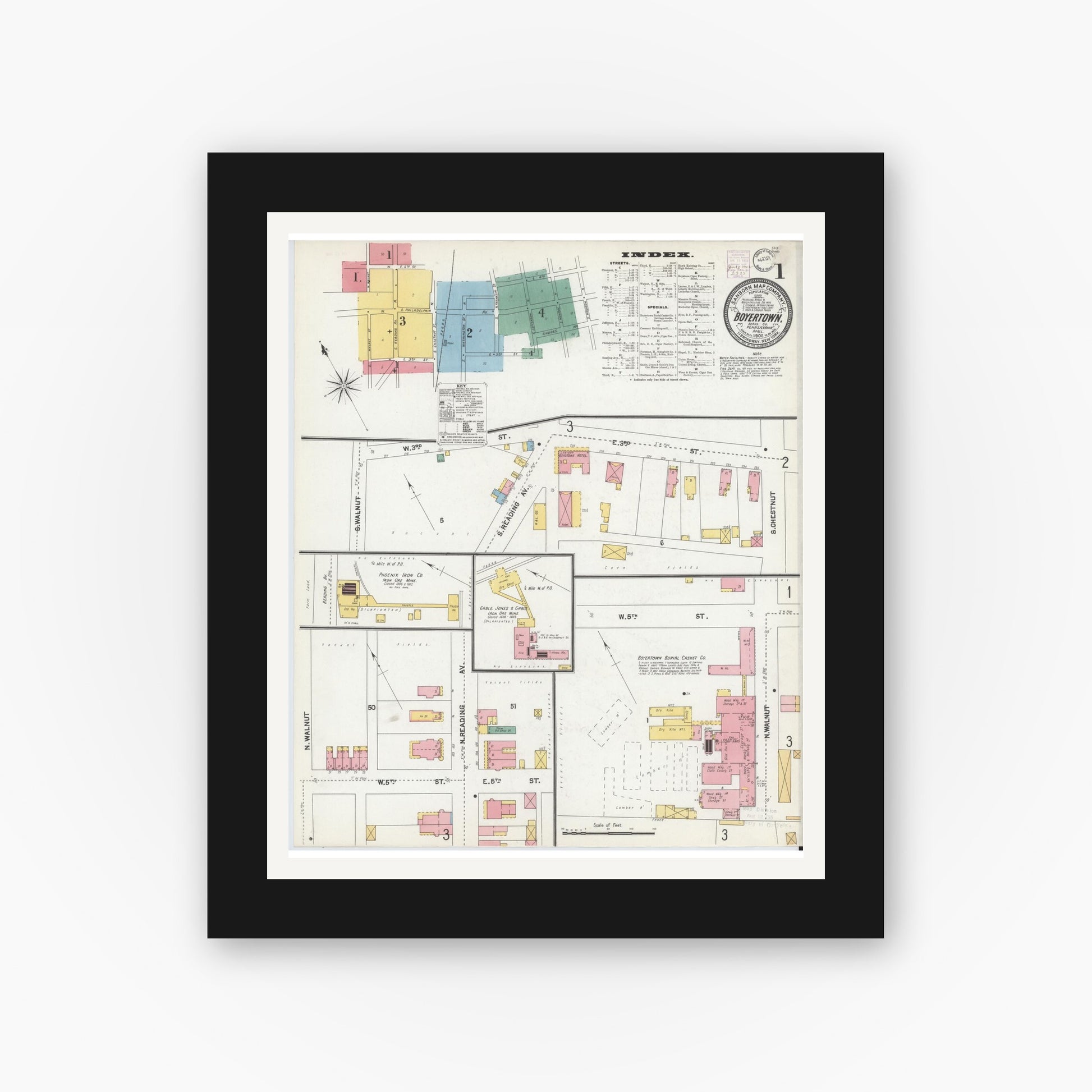 Old map wall art mockup — black gallery frame with white mat — Sanborn Fire Insurance Map from Boyertown, Berks County, Pennsylvania (1902) - Complete Map Set
