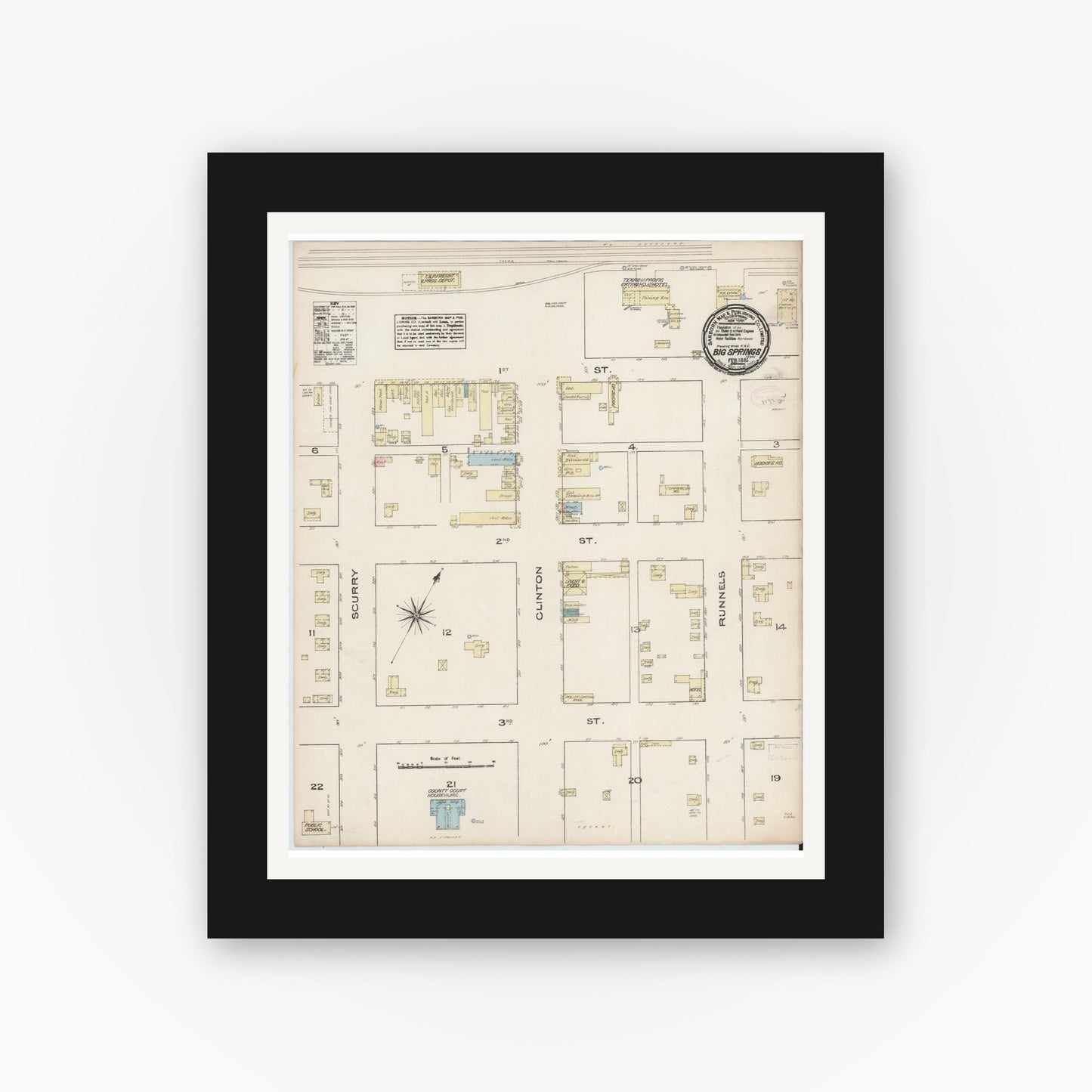 Old map wall art mockup — black gallery frame with white mat — Sanborn Fire Insurance Map from Big Spring, Howard County, Texas (1885), Sheet #0001