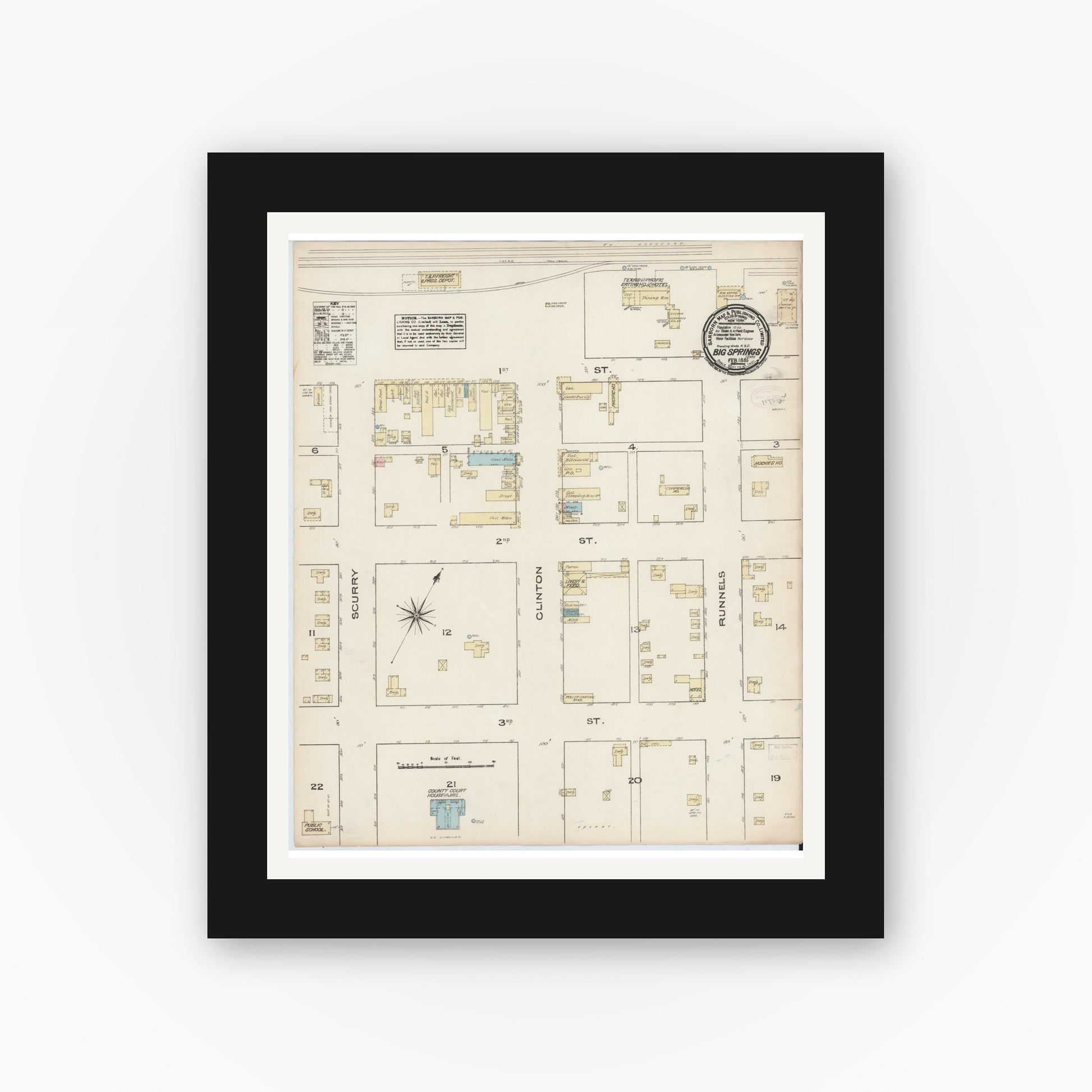 Old map wall art mockup — black gallery frame with white mat — Sanborn Fire Insurance Map from Big Spring, Howard County, Texas (1885), Sheet #0001
