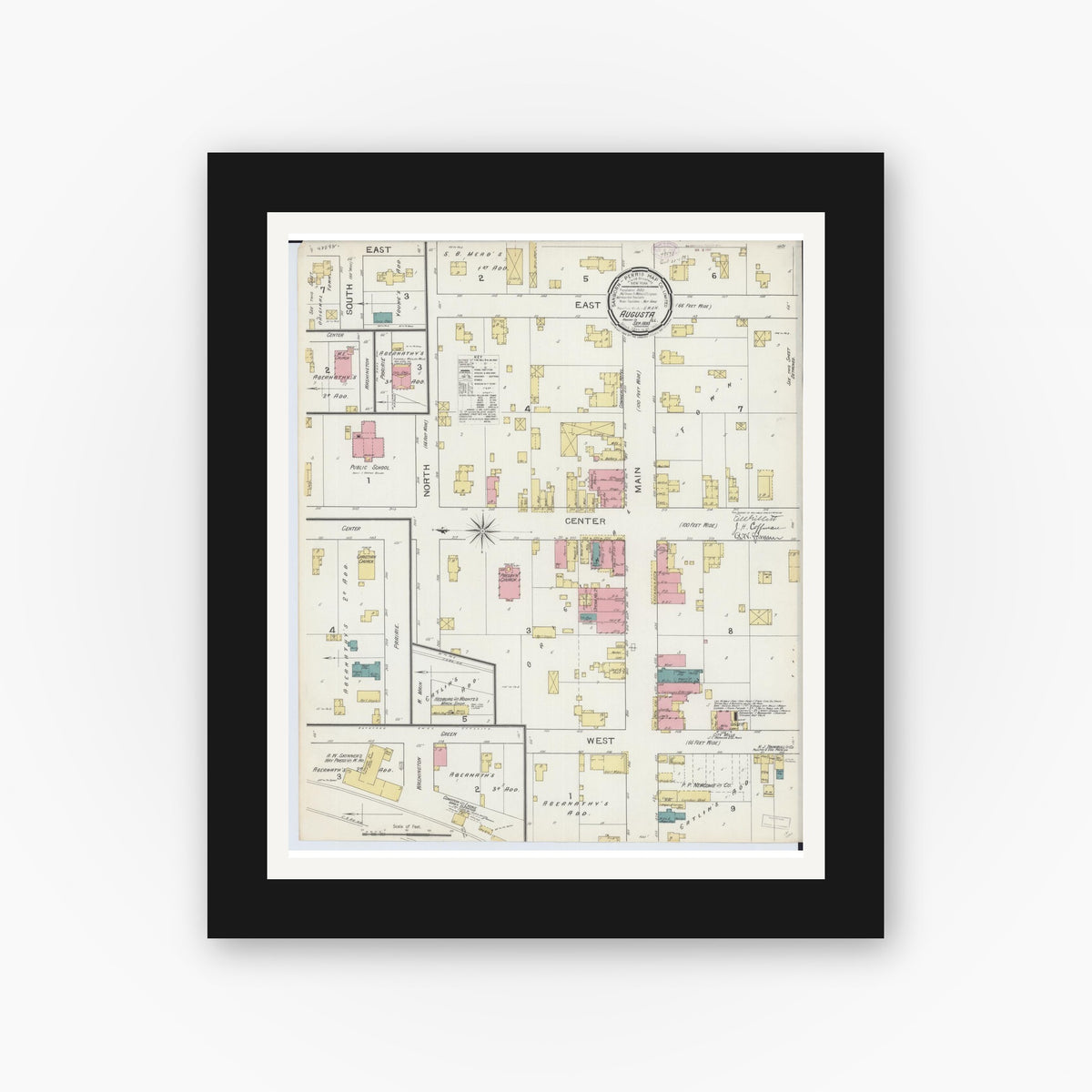 Old map wall art mockup — black gallery frame with white mat — Sanborn Fire Insurance Map from Augusta, Hancock County, Illinois (1893), Sheet #0001