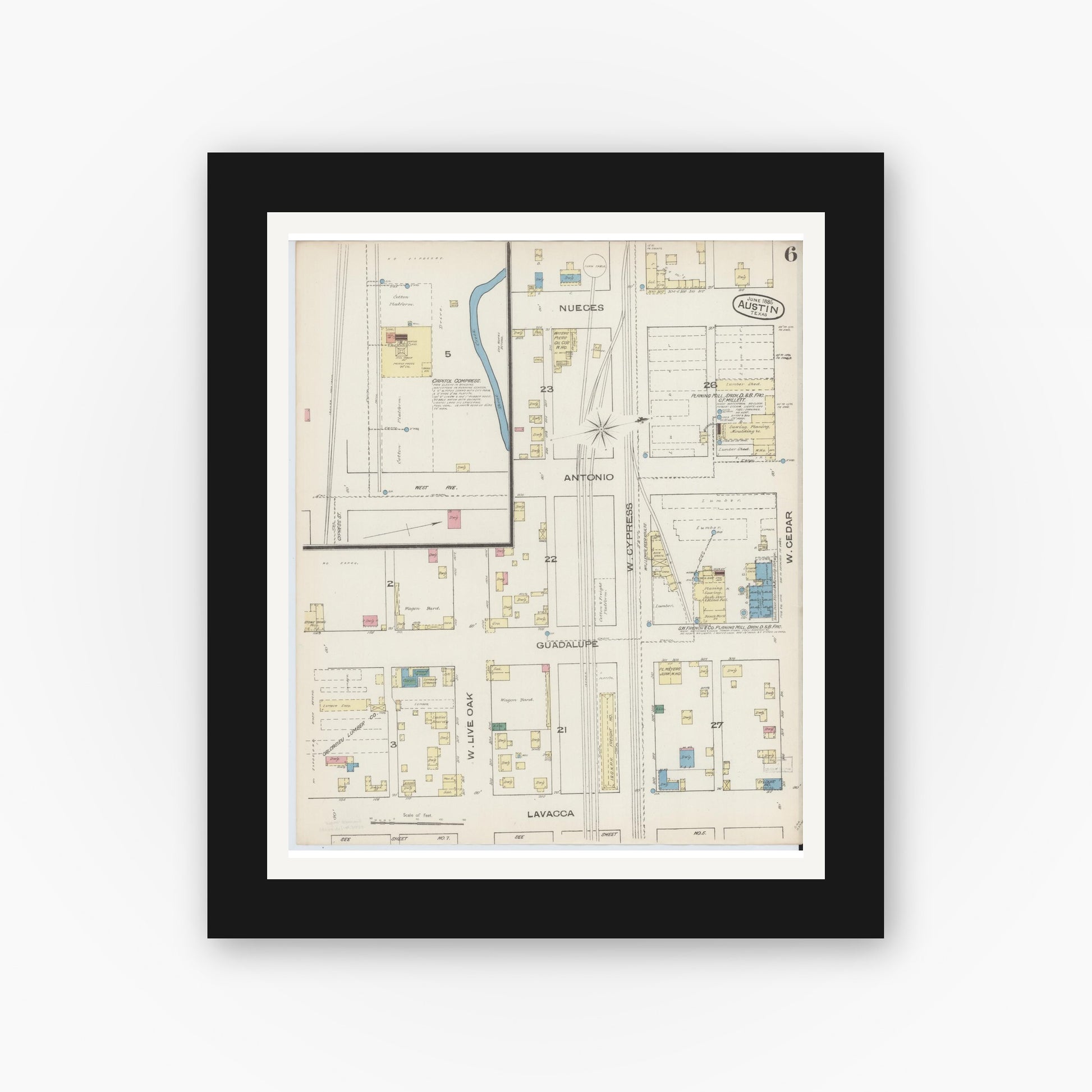 Old map wall art mockup — black gallery frame with white mat — Sanborn Fire Insurance Map from Austin, Travis County, Texas (1885), Sheet #0006