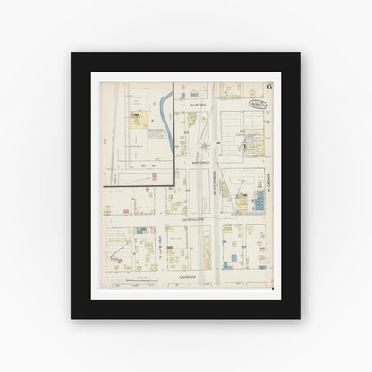 Old map wall art mockup — black gallery frame with white mat — Sanborn Fire Insurance Map from Austin, Travis County, Texas (1885), Sheet #0006