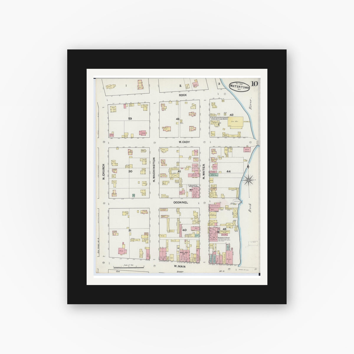 Old map wall art mockup — black gallery frame with white mat — Sanborn Fire Insurance Map from Watertown, Jefferson County, Wisconsin (1890), Sheet #0010