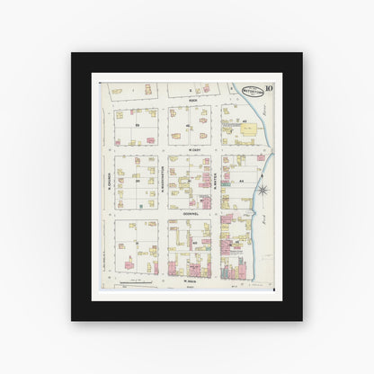 Old map wall art mockup — black gallery frame with white mat — Sanborn Fire Insurance Map from Watertown, Jefferson County, Wisconsin (1890), Sheet #0010